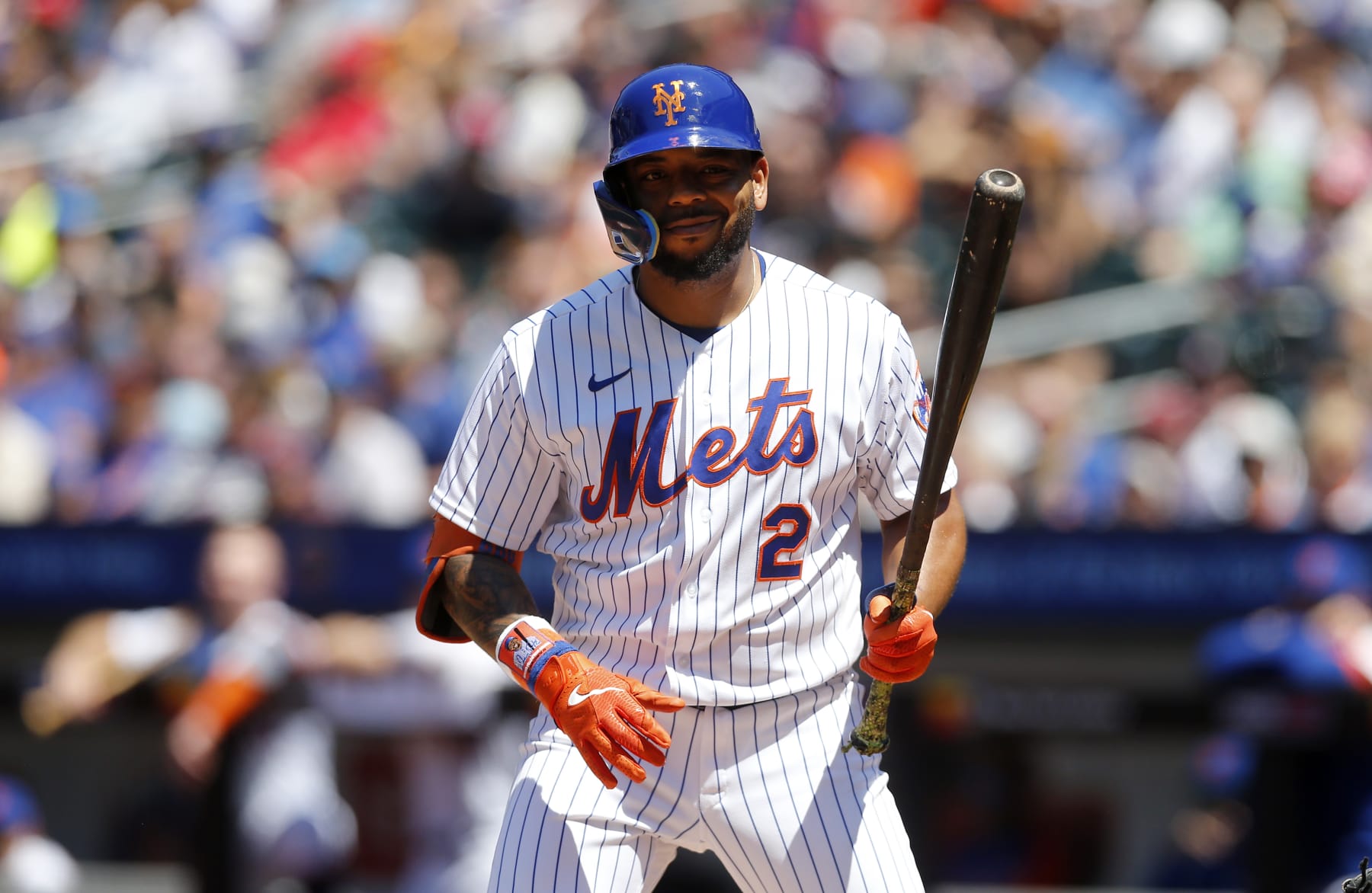 NEW YORK, NEW YORK - JULY 03:  Dominic Smith #2 of the New York Mets in action against the Texas Rangers at Citi Field on July 03, 2022 in New York City. The Mets defeated the Rangers 4-1. (Photo by Jim McIsaac/Getty Images)