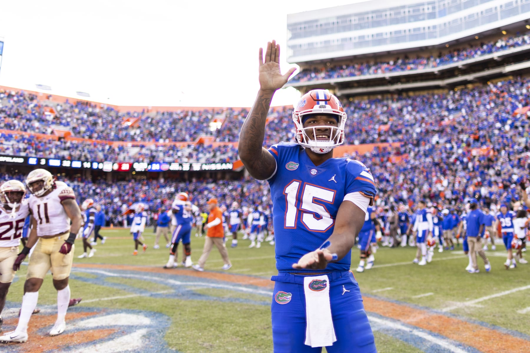 GAINESVILLE, FLORIDA - NOVEMBER 27: Anthony Richardson #15 of the Florida Gators celebrates after defeating the Florida State Seminoles 24-21 in a game at Ben Hill Griffin Stadium on November 27, 2021 in Gainesville, Florida. (Photo by James Gilbert/Getty Images)
