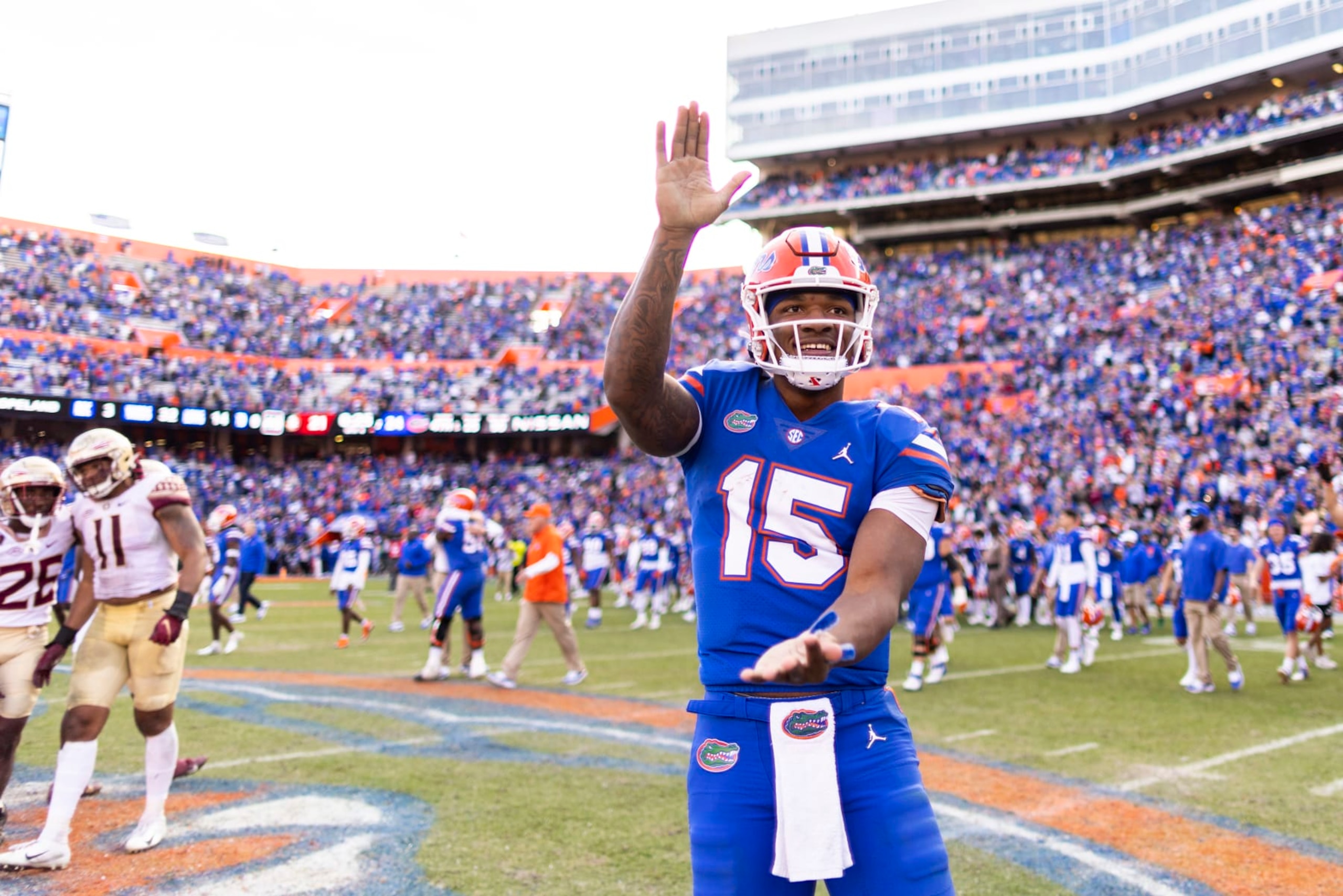GAINESVILLE, FLORIDA - NOVEMBER 27: Anthony Richardson #15 of the Florida Gators celebrates after defeating the Florida State Seminoles 24-21 in a game at Ben Hill Griffin Stadium on November 27, 2021 in Gainesville, Florida. (Photo by James Gilbert/Getty Images)