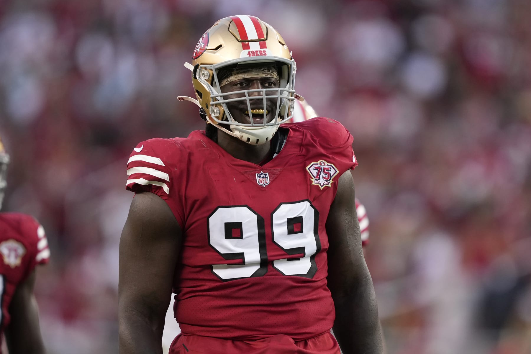 San Francisco 49ers defensive tackle Javon Kinlaw (99) against the Green Bay Packers during an NFL football game in Santa Clara, Calif., Sunday, Sept. 26, 2021. (AP Photo/Tony Avelar)