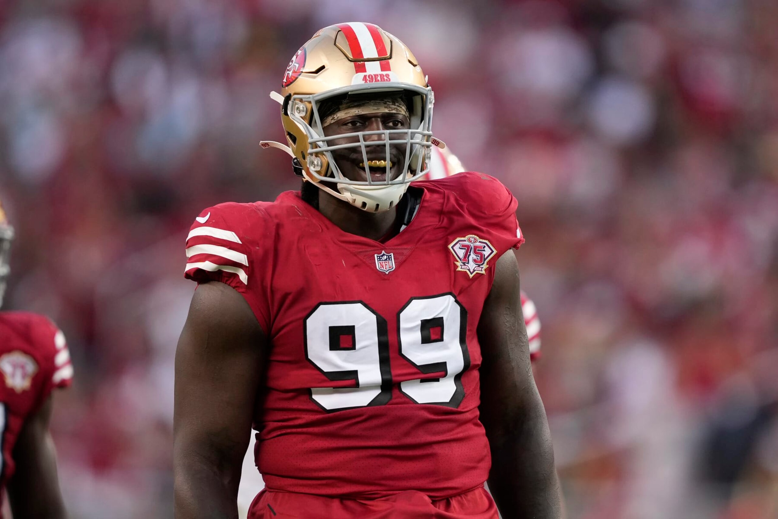 San Francisco 49ers defensive tackle Javon Kinlaw (99) against the Green Bay Packers during an NFL football game in Santa Clara, Calif., Sunday, Sept. 26, 2021. (AP Photo/Tony Avelar)