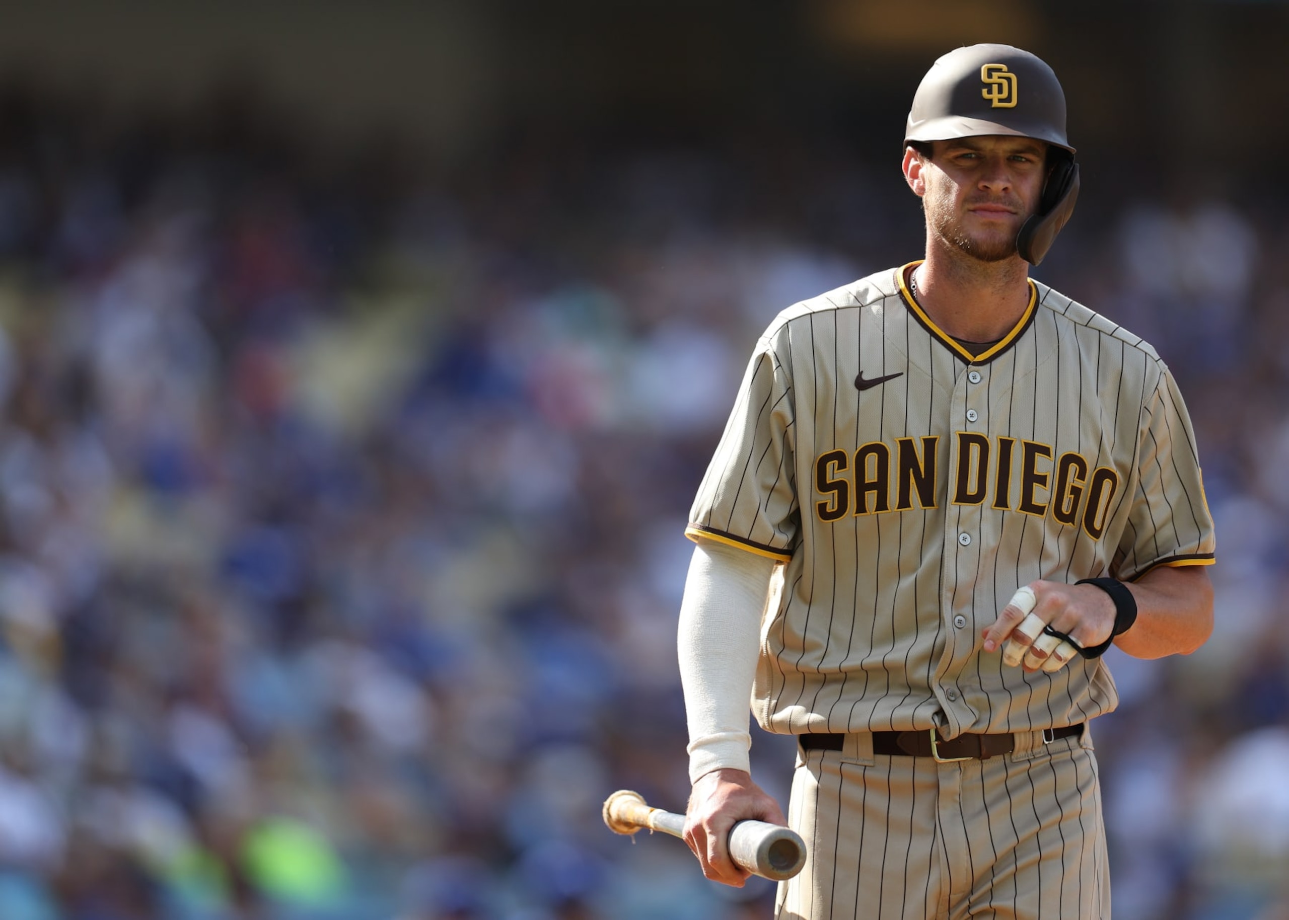 LOS ANGELES, CALIFORNIA - AUGUST 07: Wil Myers #5 of the San Diego Padres at bat during a 4-0 loss to the Los Angeles Dodgers at Dodger Stadium on August 07, 2022 in Los Angeles, California. (Photo by Harry How/Getty Images)