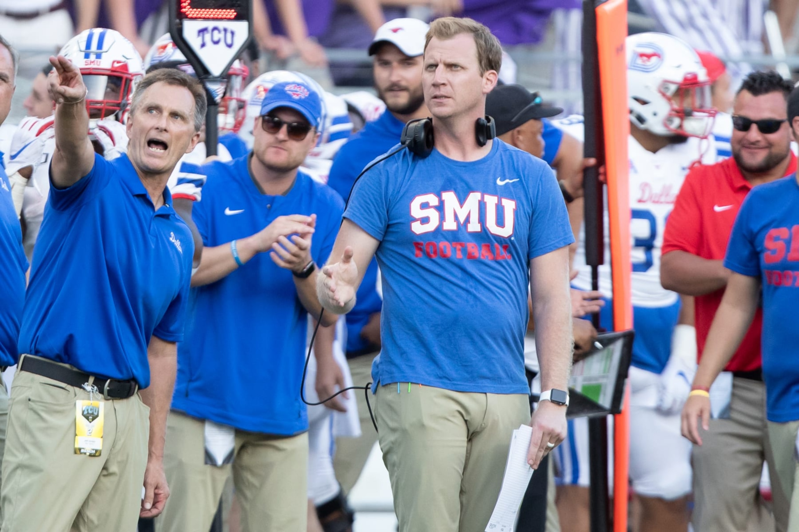 FORT WORTH, TX - SEPTEMBER 21: SMU Mustangs offensive coordinator Rhett Lashlee looks on from the sideline during the college football game between the SMU Mustangs and TCU Horned Frogs on September 21, 2019 at Amon G. Carter Stadium in Fort Worth, TX.  (Photo by Matthew Visinsky/Icon Sportswire via Getty Images)