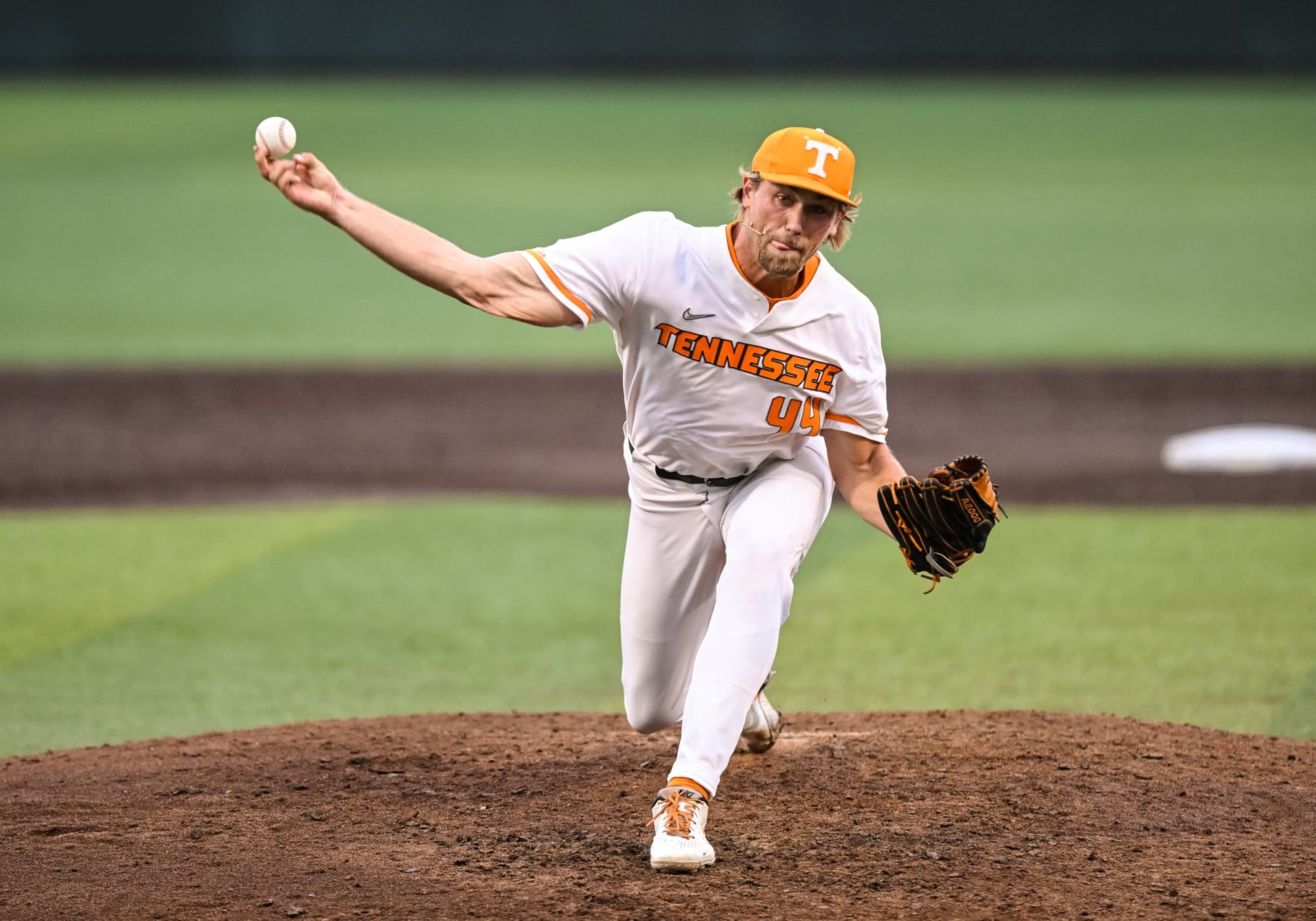 KNOXVILLE, TN - JUNE 10: Tennessee pitcher Ben Joyce (44) pitching during game one of the NCAA Super Regionals between the Tennessee Volunteers and Notre Dame Fighting Irish on June 10, 2022, at Lindsey Nelson Stadium in Knoxville, TN. (Photo by Bryan Lynn/Icon Sportswire via Getty Images)