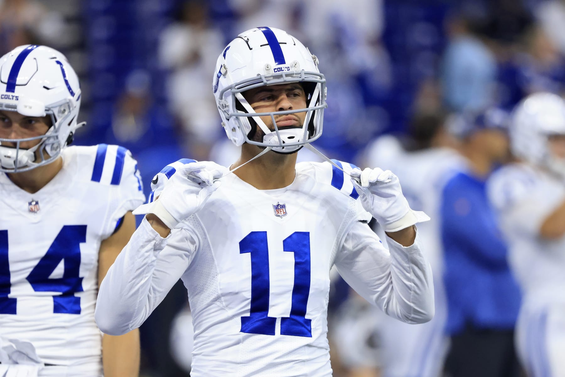 INDIANAPOLIS, INDIANA - AUGUST 20: Michael Pittman Jr. #11 of the Indianapolis Colts warms up before the preseason game adl at Lucas Oil Stadium on August 20, 2022 in Indianapolis, Indiana. (Photo by Justin Casterline/Getty Images)