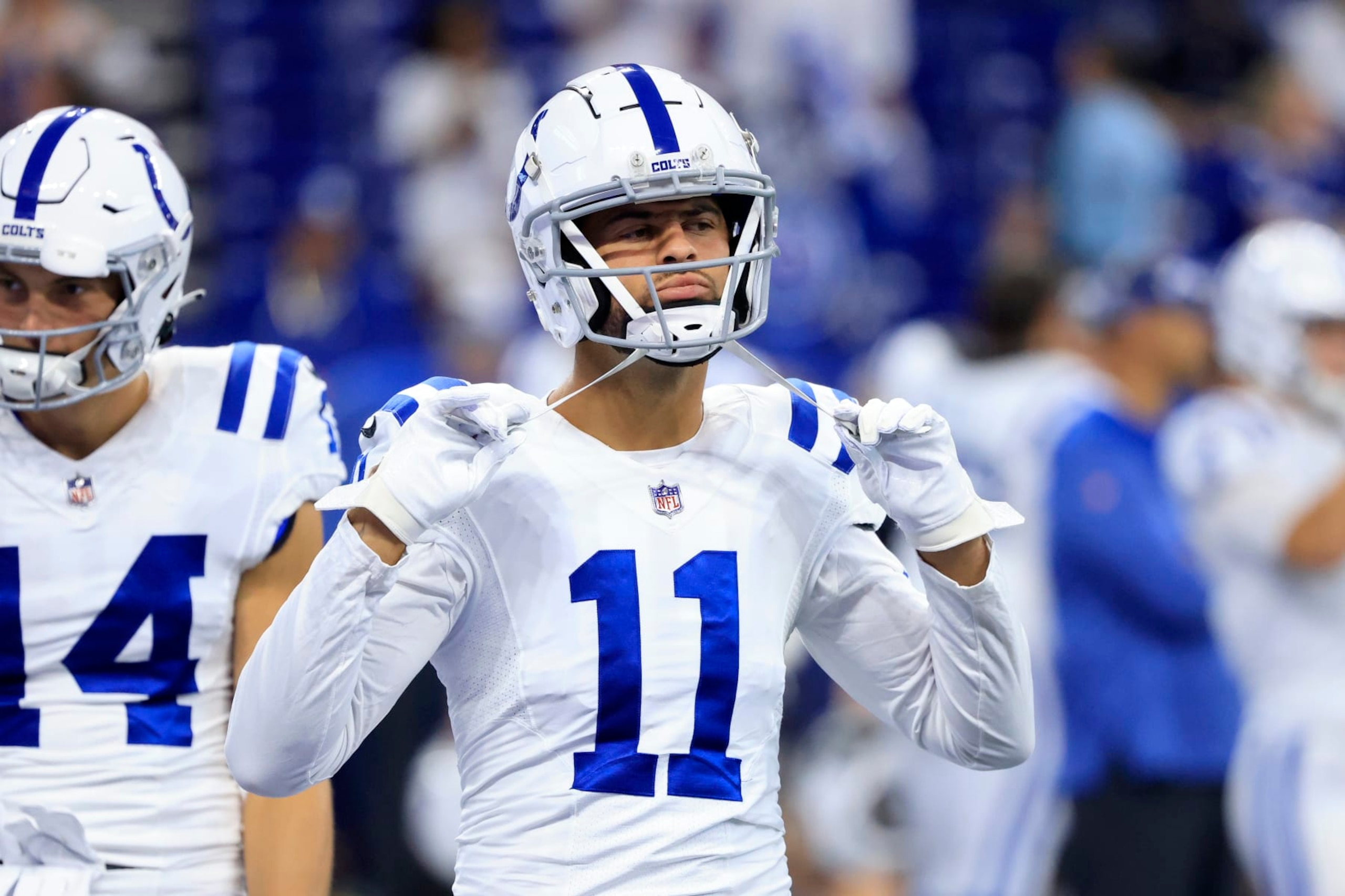 INDIANAPOLIS, INDIANA - AUGUST 20: Michael Pittman Jr. #11 of the Indianapolis Colts warms up before the preseason game adl at Lucas Oil Stadium on August 20, 2022 in Indianapolis, Indiana. (Photo by Justin Casterline/Getty Images)