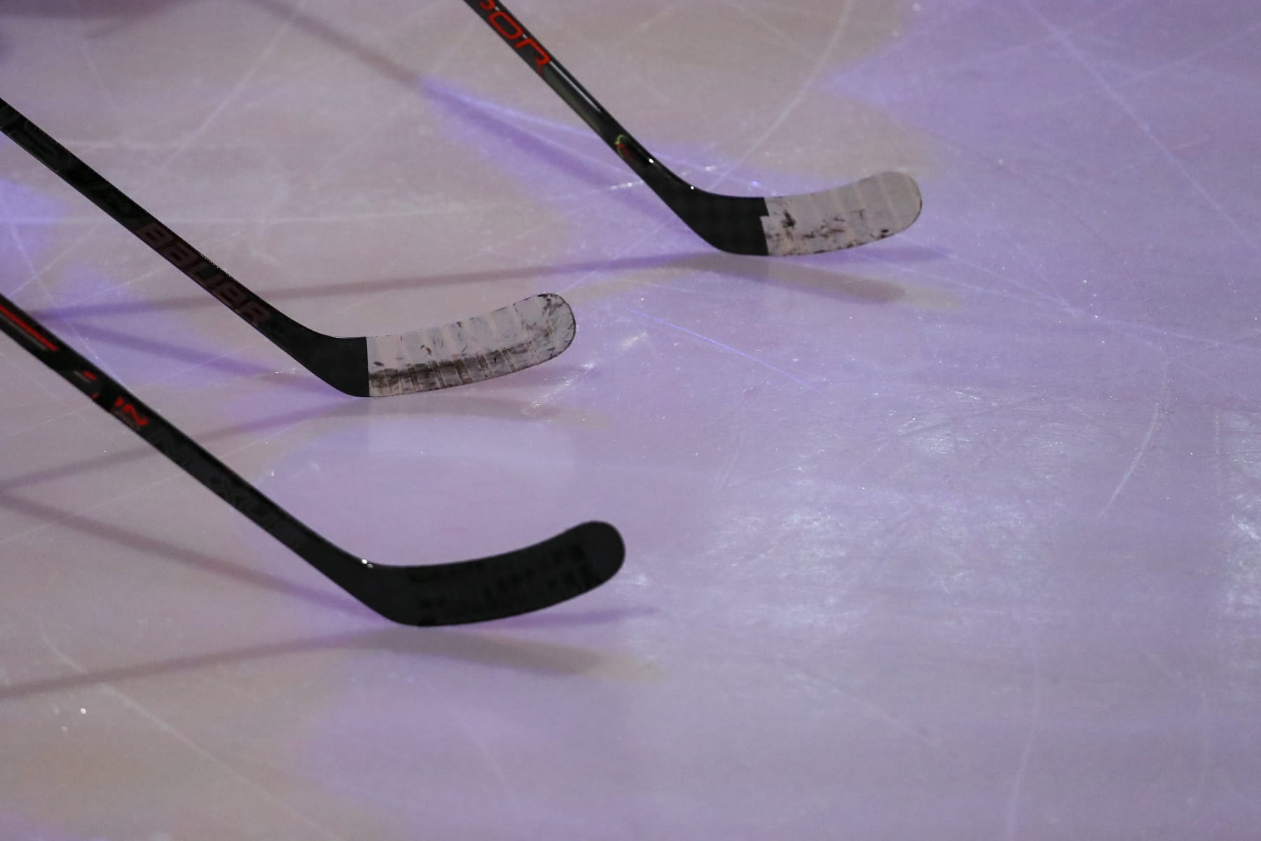 A view of sticks held by members of Ferris State prior to an NCAA hockey game against the Miami RedHawks, Friday, Oct. 18, 2019 in Oxford, Ohio. (AP Photo/Aaron Doster)