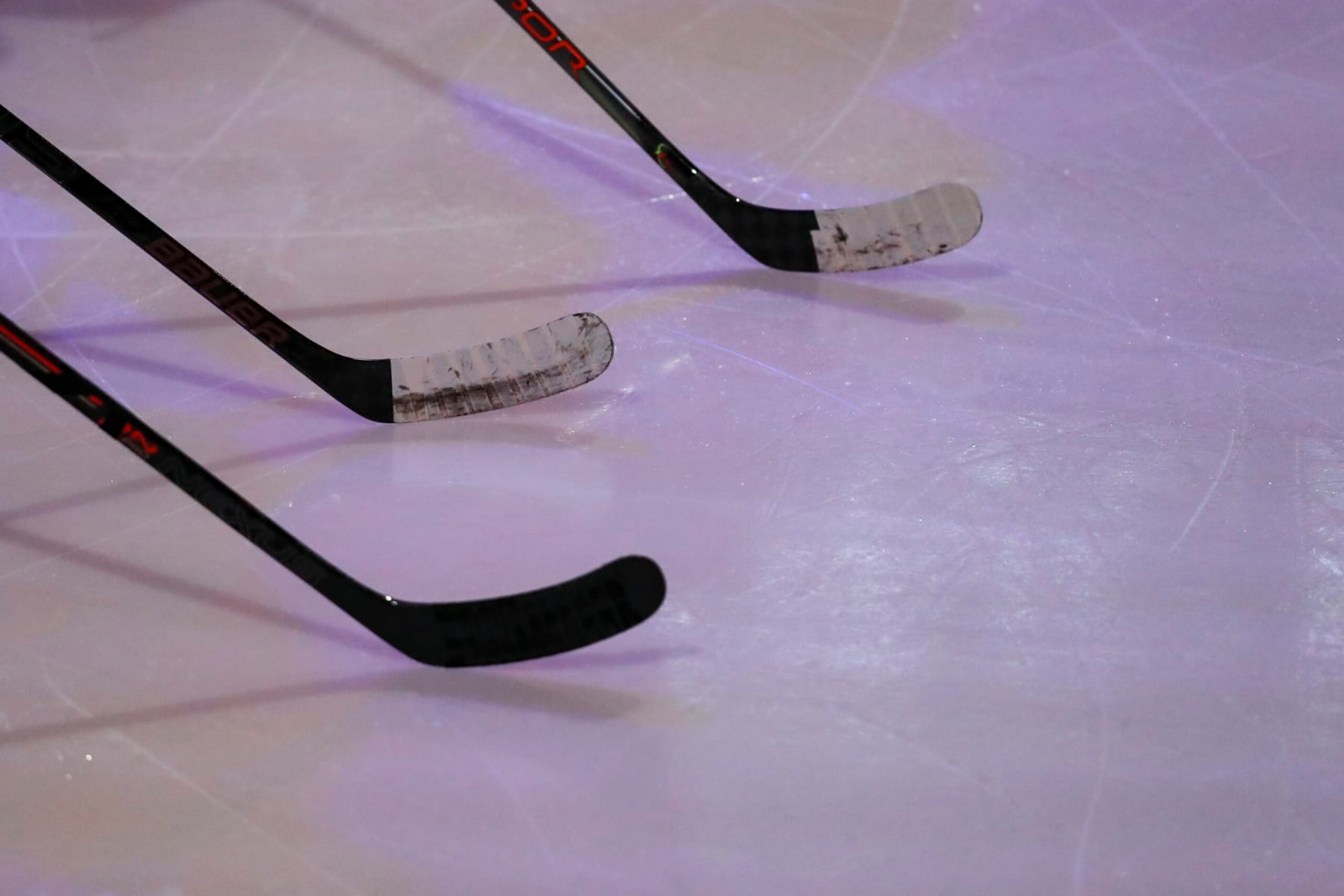 A view of sticks held by members of Ferris State prior to an NCAA hockey game against the Miami RedHawks, Friday, Oct. 18, 2019 in Oxford, Ohio. (AP Photo/Aaron Doster)
