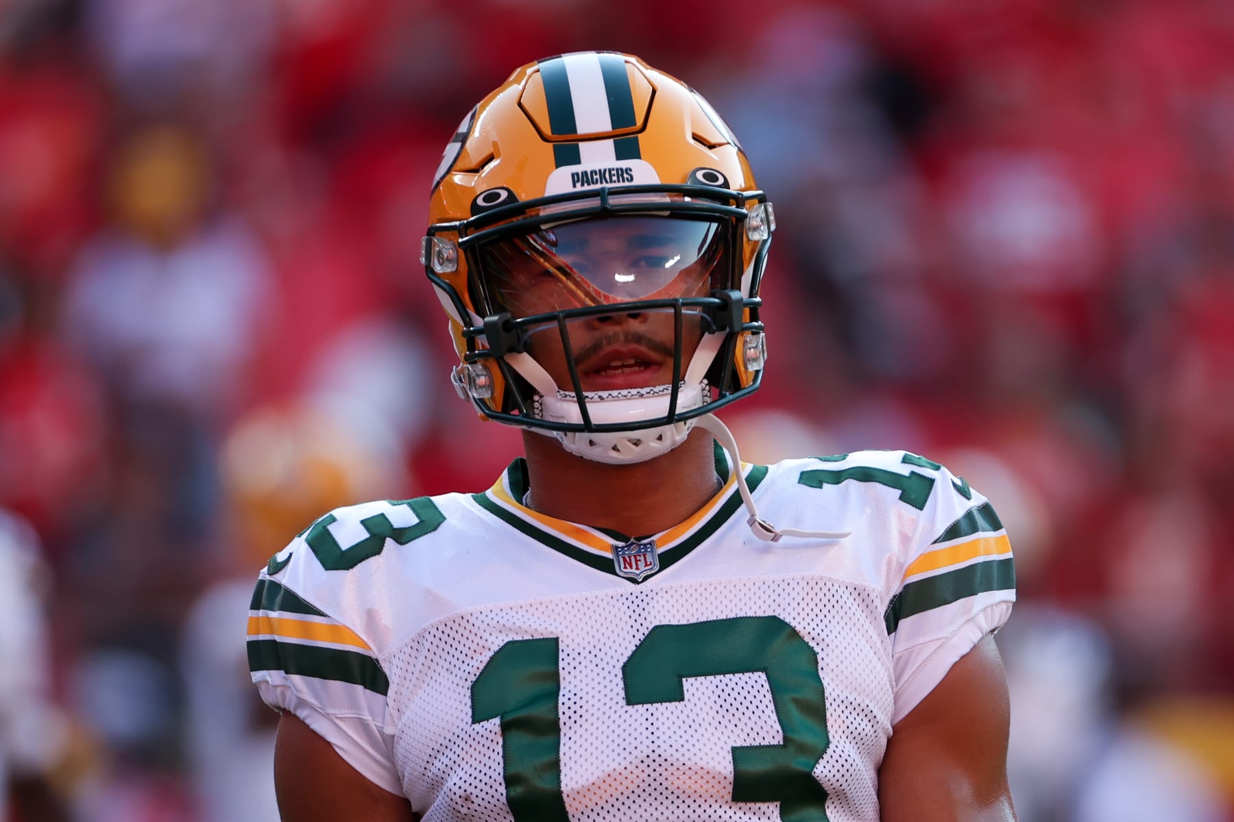 KANSAS CITY, MO - AUGUST 25: Green Bay Packers wide receiver Allen Lazard (13) before an NFL preseason game between the Green Bay Packers and Kansas City Chiefs on August 25, 2022 at GEHA Field at Arrowhead Stadium in Kansas City, MO. (Photo by Scott Winters/Icon Sportswire via Getty Images)