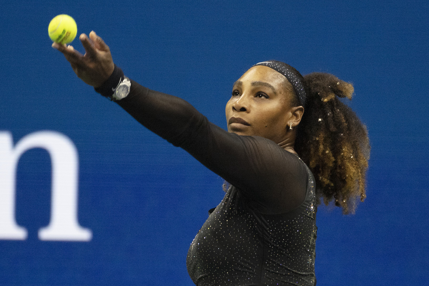 NEW YORK, USA, August 31:    Serena Williams of the United States in action against Anett Kontaveit of Estonia on Arthur Ashe Stadium in the Women's Singles second round match during the US Open Tennis Championship 2022 at the USTA National Tennis Centre on August 31st 2022 in Flushing, Queens, New York City.  (Photo by Tim Clayton/Corbis via Getty Images)