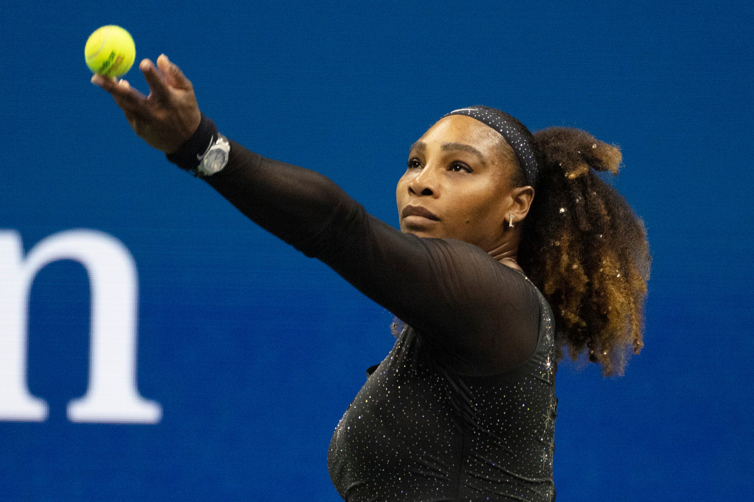 NEW YORK, USA, August 31:    Serena Williams of the United States in action against Anett Kontaveit of Estonia on Arthur Ashe Stadium in the Women's Singles second round match during the US Open Tennis Championship 2022 at the USTA National Tennis Centre on August 31st 2022 in Flushing, Queens, New York City.  (Photo by Tim Clayton/Corbis via Getty Images)