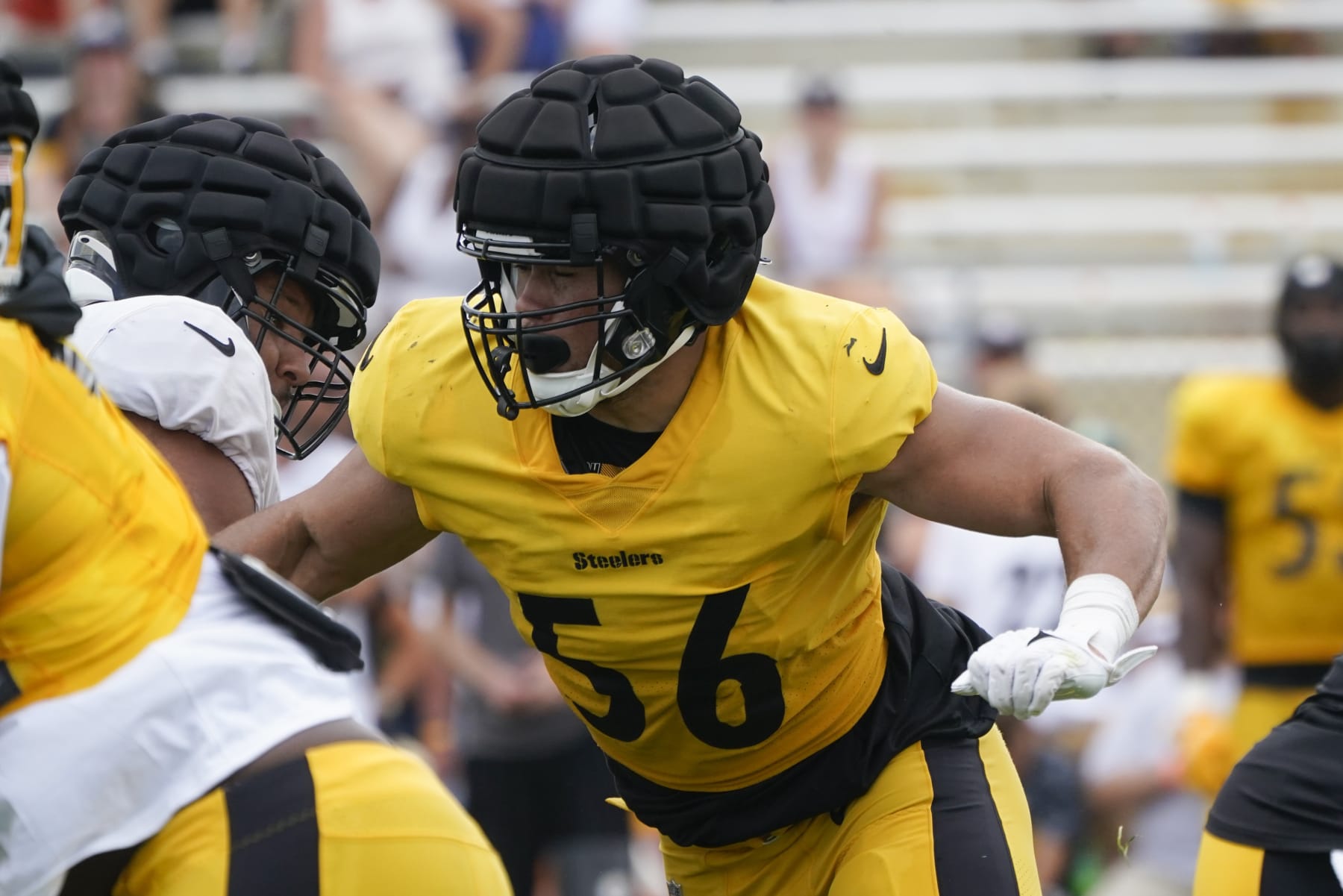 Pittsburgh Steelers linebacker Alex Highsmith (56) goes through drills during practice at NFL football training camp in the Latrobe Memorial Stadium in Latrobe, Pa., Monday, Aug. 8, 2022. (AP Photo/Keith Srakocic)
