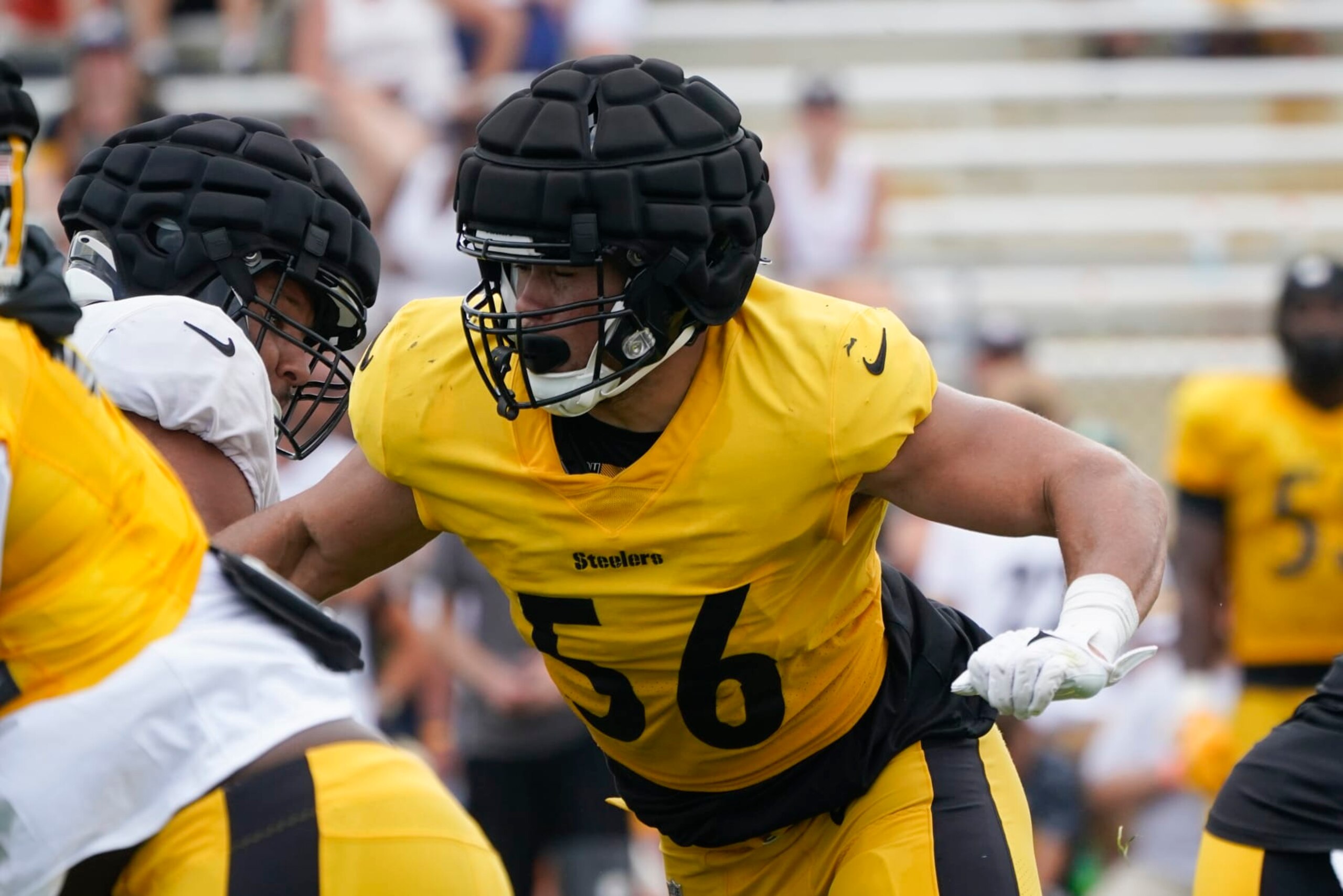 Pittsburgh Steelers linebacker Alex Highsmith (56) goes through drills during practice at NFL football training camp in the Latrobe Memorial Stadium in Latrobe, Pa., Monday, Aug. 8, 2022. (AP Photo/Keith Srakocic)