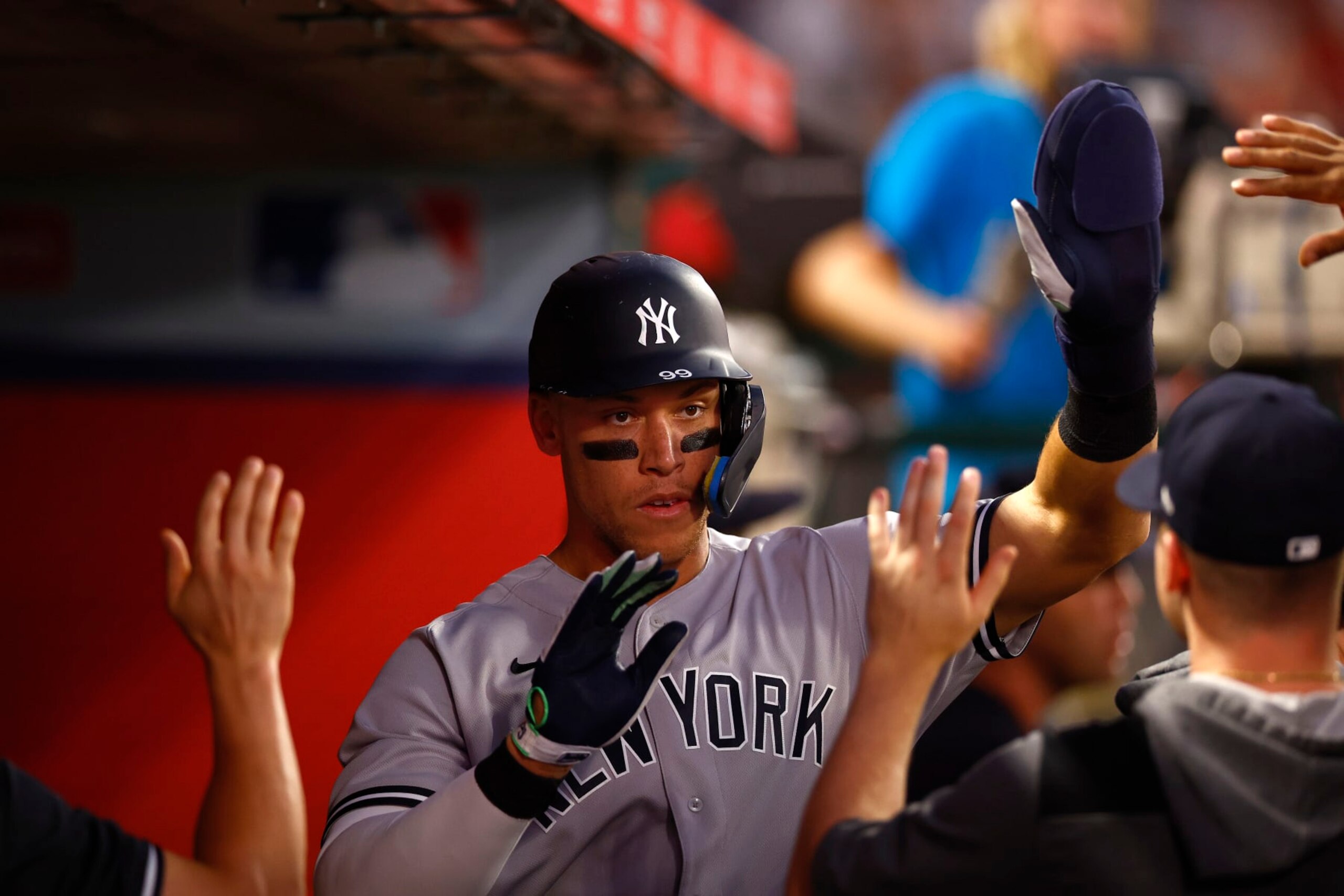 ANAHEIM, CALIFORNIA - AUGUST 30:  Aaron Judge #99 of the New York Yankees celebrates a run against the Los Angeles Angels in the third inning at Angel Stadium of Anaheim on August 30, 2022 in Anaheim, California. (Photo by Ronald Martinez/Getty Images)
