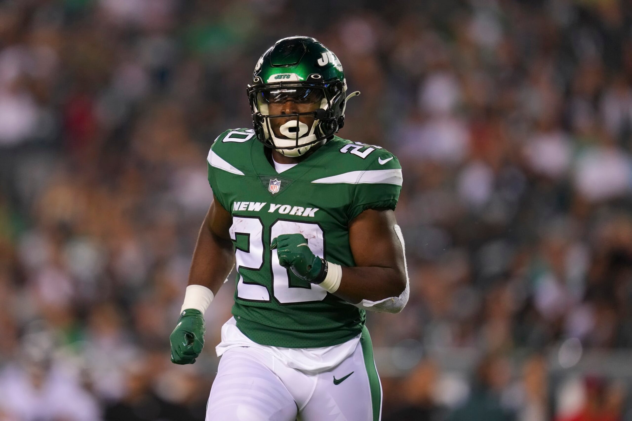 PHILADELPHIA, PA - AUGUST 12: Breece Hall #20 of the New York Jets looks on against the Philadelphia Eagles in the first half of the preseason game at Lincoln Financial Field on August 12, 2022 in Philadelphia, Pennsylvania. (Photo by Mitchell Leff/Getty Images)