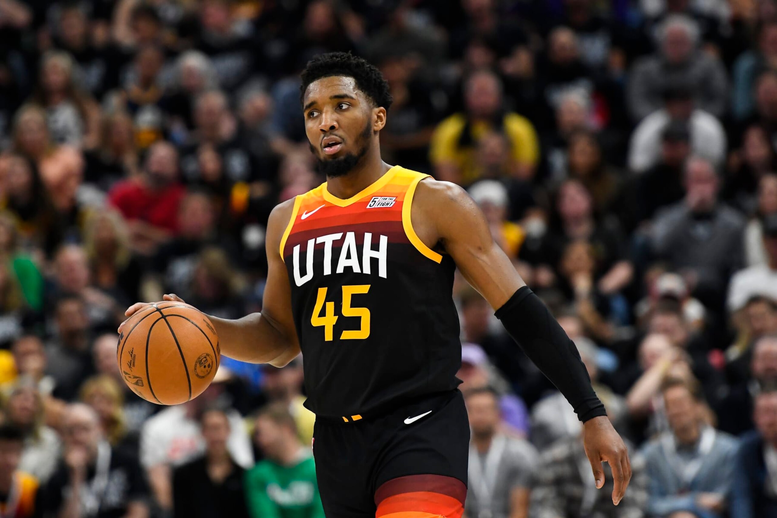 SALT LAKE CITY, UTAH - APRIL 28: Donovan Mitchell #45 of the Utah Jazz in action during the second half of Game 6 of the Western Conference First Round Playoffs against the Dallas Mavericks at Vivint Smart Home Arena on April 28, 2022 in Salt Lake City, Utah. NOTE TO USER: User expressly acknowledges and agrees that, by downloading and/or using this Photograph, user is consenting to the terms and conditions of the Getty Images License Agreement. (Photo by Alex Goodlett/Getty Images)