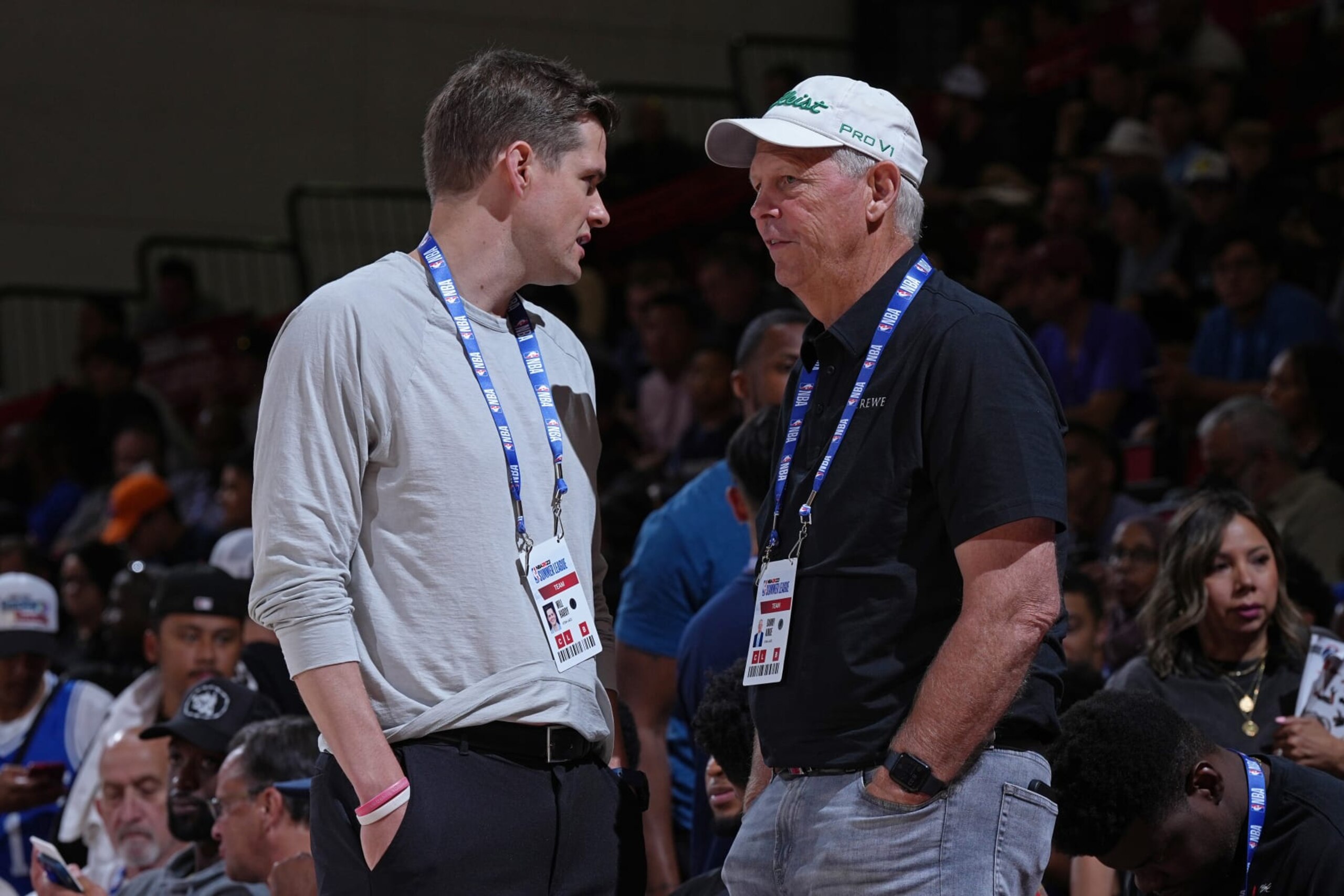 LAS VEGAS, NV - JULY 11: Will Hardy of the Utah Jazz talks with Danny Ainge of the Utah Jazz during the game against the Dallas Mavericks during the 2022 Summer League on July 11, 2022 at the Cox Pavilion in Las Vegas, Nevada. NOTE TO USER: User expressly acknowledges and agrees that, by downloading and/or using this Photograph, user is consenting to the terms and conditions of the Getty Images License Agreement. Mandatory Copyright Notice: Copyright 2022 NBAE (Photo by Jeff Bottari/NBAE via Getty Images) LAS VEGAS, NV - JULY 11: Will Hardy of the Utah Jazz talks with Danny Ainge of the Utah Jazz during the game against the Dallas Mavericks during the 2022 Summer League on July 11, 2022 at the Cox Pavilion in Las Vegas, Nevada. NOTE TO USER: User expressly acknowledges and agrees that, by downloading and/or using this Photograph, user is consenting to the terms and conditions of the Getty Images License Agreement. Mandatory Copyright Notice: Copyright 2022 NBAE (Photo by Jeff Bottari/NBAE via Getty Images)