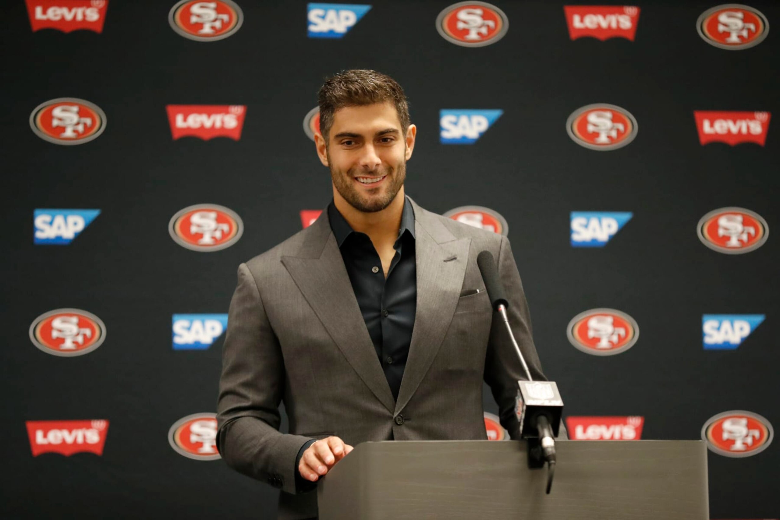 San Francisco 49ers quarterback Jimmy Garoppolo participates in a post game press conference after an NFL football game against the Dallas Cowboys in Arlington, Texas, Sunday, Jan. 16, 2022. San Francisco beat Dallas 23-17. (AP Photo/Roger Steinman)