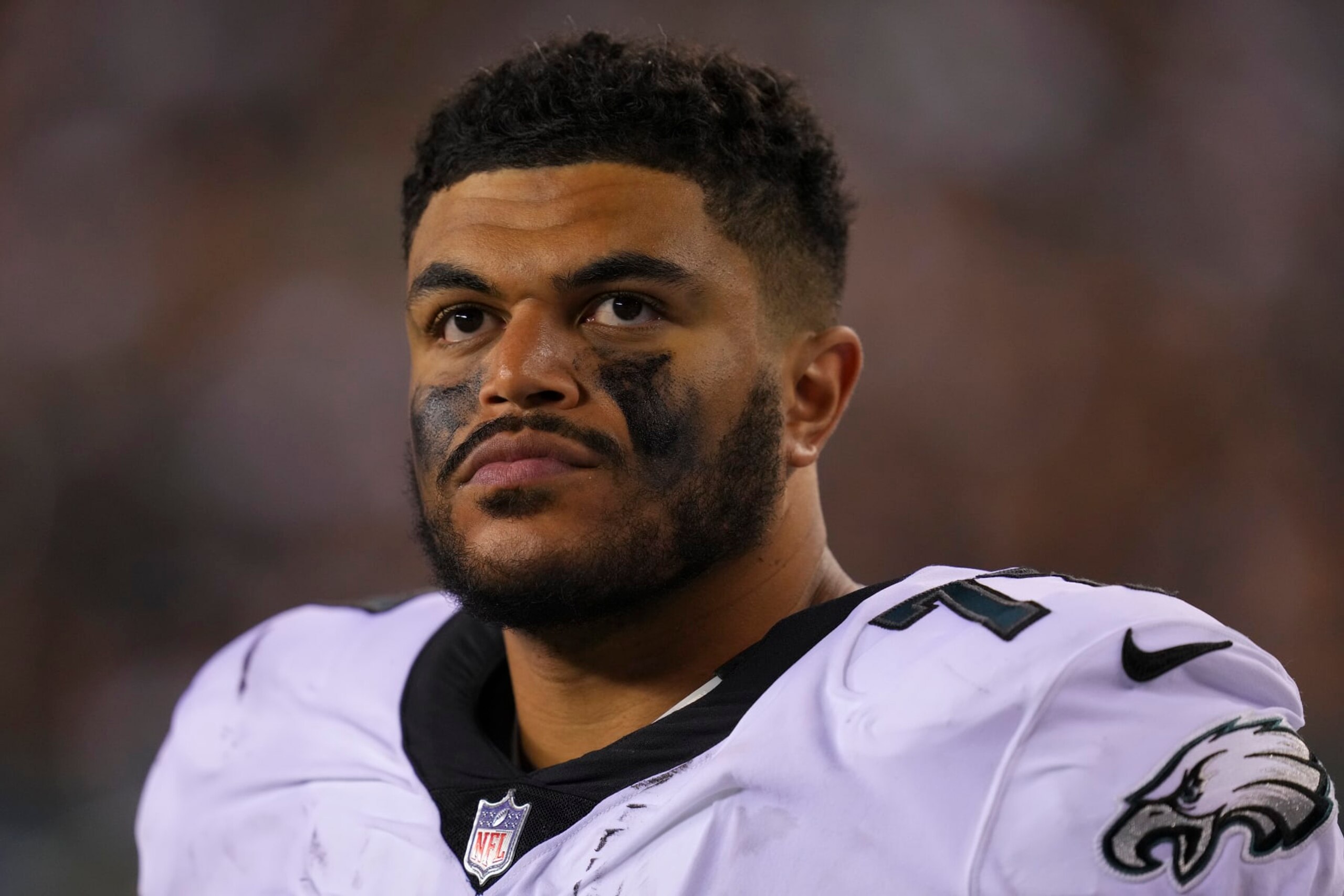 PHILADELPHIA, PA - AUGUST 12: Andre Dillard #77 of the Philadelphia Eagles looks on against the New York Jets during the preseason game at Lincoln Financial Field on August 12, 2022 in Philadelphia, Pennsylvania. The Jets defeated the Eagles 24-21. (Photo by Mitchell Leff/Getty Images)