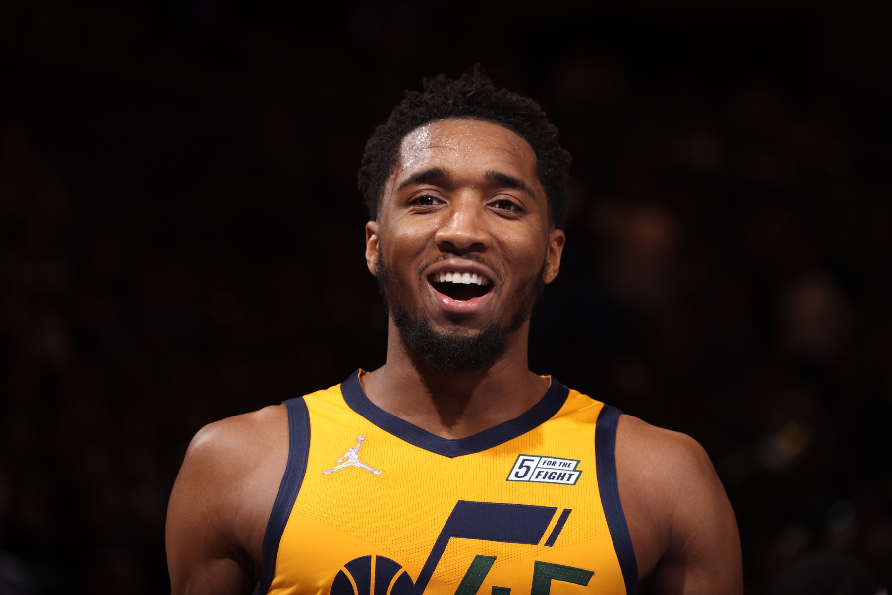 NEW YORK, NY - MARCH 20: Donovan Mitchell #45 of the Utah Jazz smiles during the game against the New York Knicks on March 20, 2022 at Madison Square Garden in New York City, New York.  NOTE TO USER: User expressly acknowledges and agrees that, by downloading and or using this photograph, User is consenting to the terms and conditions of the Getty Images License Agreement. Mandatory Copyright Notice: Copyright 2022 NBAE  (Photo by Nathaniel S. Butler/NBAE via Getty Images)
