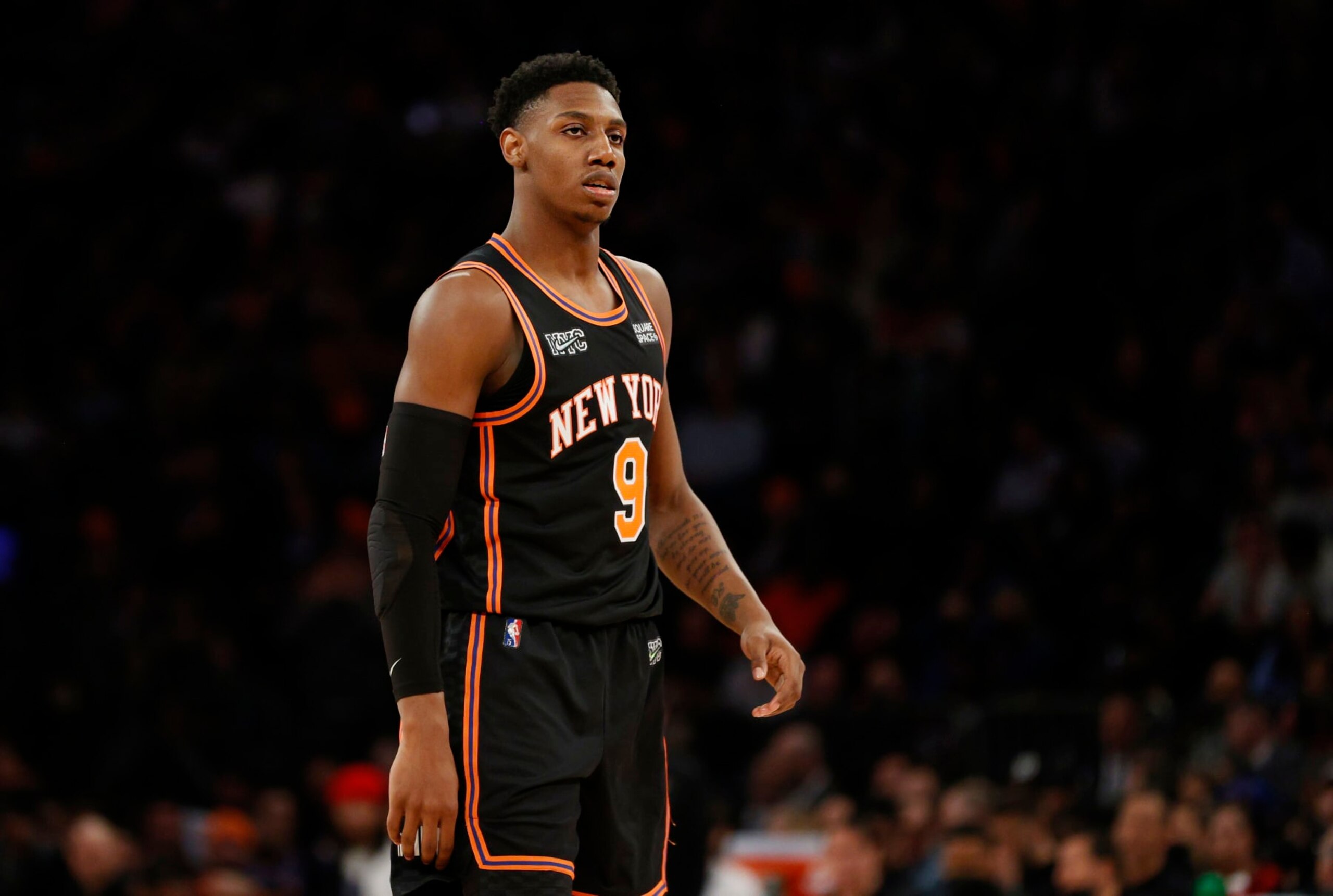 NEW YORK, NEW YORK - APRIL 06: RJ Barrett #9 of the New York Knicks looks on during the second half against the Brooklyn Nets at Madison Square Garden on April 06, 2022 in New York City. The Nets won 110-98. NOTE TO USER: User expressly acknowledges and agrees that, by downloading and or using this photograph, User is consenting to the terms and conditions of the Getty Images License Agreement. (Photo by Sarah Stier/Getty Images) NEW YORK, NEW YORK - APRIL 06: RJ Barrett #9 of the New York Knicks looks on during the second half against the Brooklyn Nets at Madison Square Garden on April 06, 2022 in New York City. The Nets won 110-98. NOTE TO USER: User expressly acknowledges and agrees that, by downloading and or using this photograph, User is consenting to the terms and conditions of the Getty Images License Agreement. (Photo by Sarah Stier/Getty Images)