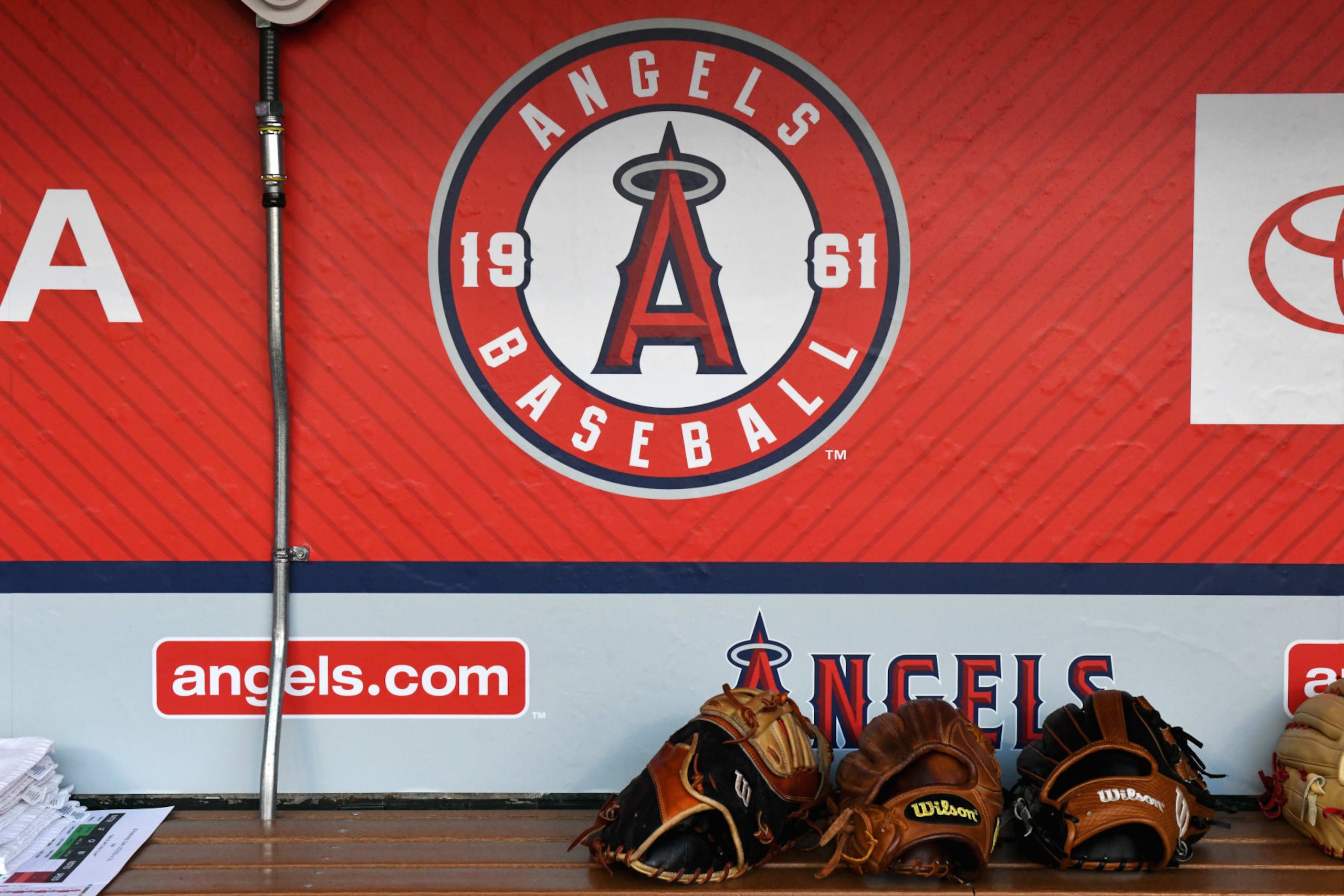 ANAHEIM, CA - APRIL 27, 2022: The Los Angeles Angels logo in the dugout prior to a game against the Cleveland Guardians at Angels Stadium on April 27, 2022 in Anaheim, California. (Photo by Chris Bernacchi/Diamond Images via Getty Images)