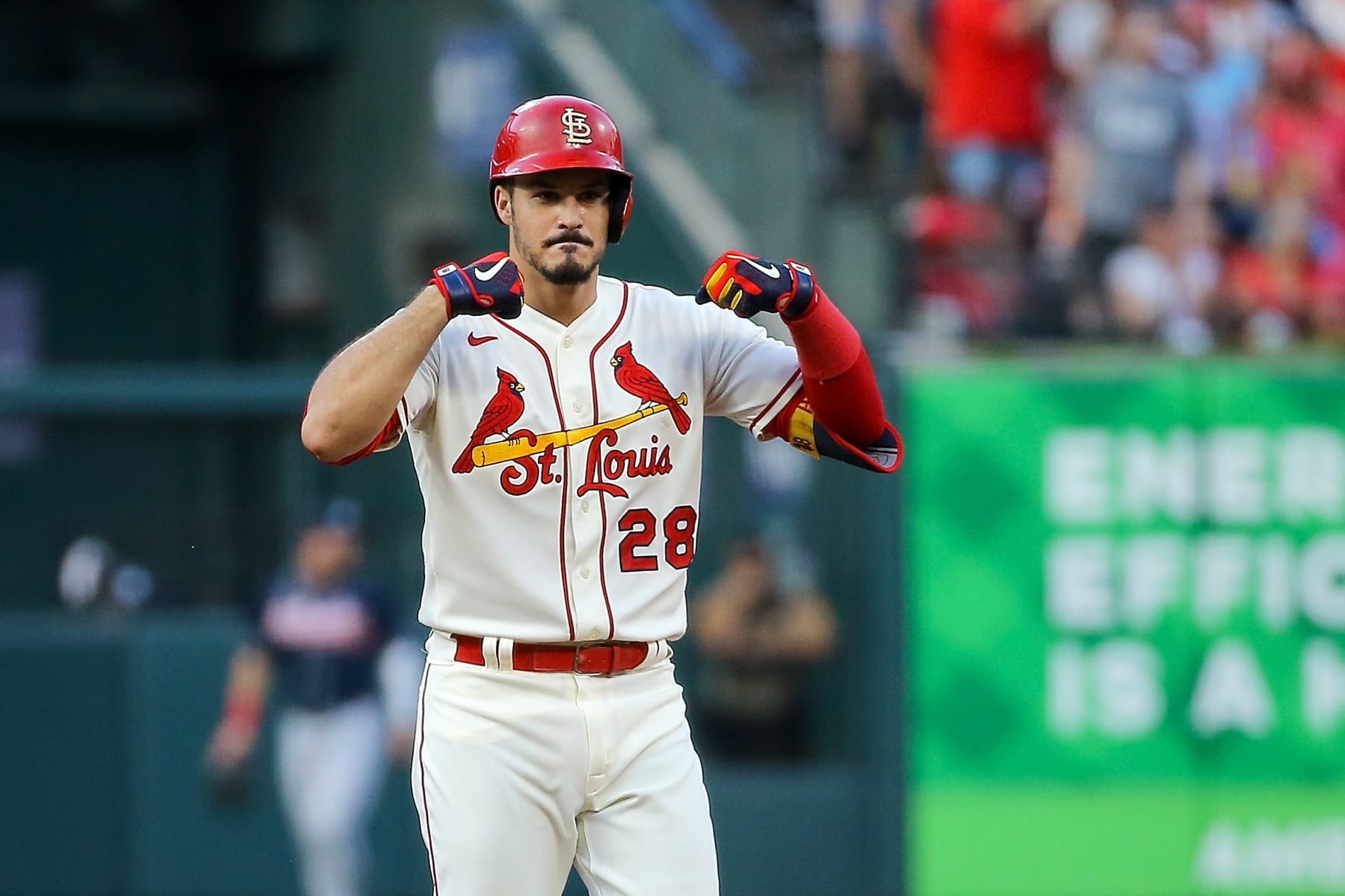 ST. LOUIS, MO - AUGUST 27: Nolan Arenado #28 of the St. Louis Cardinals gestures after hitting a ground rule double during the first inning against the Atlanta Braves at Busch Stadium on August 27, 2022 in St. Louis, Missouri. (Photo by Scott Kane/Getty Images)