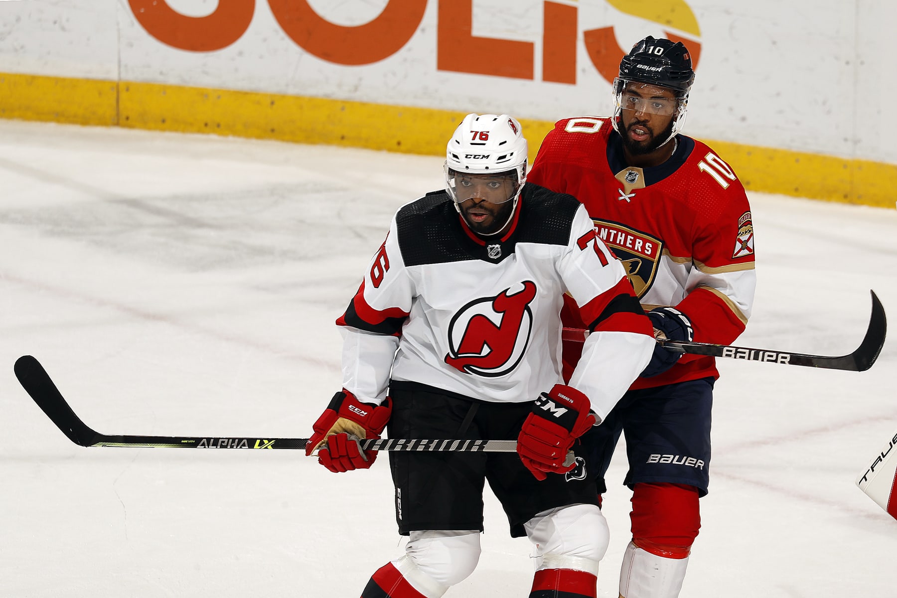 SUNRISE, FL - NOVEMBER 18: P.K. Subban #76 of the New Jersey Devils tangles with Anthony Duclair #10 of the Florida Panthers during second period action against the Florida Panthers at the FLA Live Arena on November 18, 2021 in Sunrise, Florida. (Photo by Eliot J. Schechter/NHLI via Getty Images)