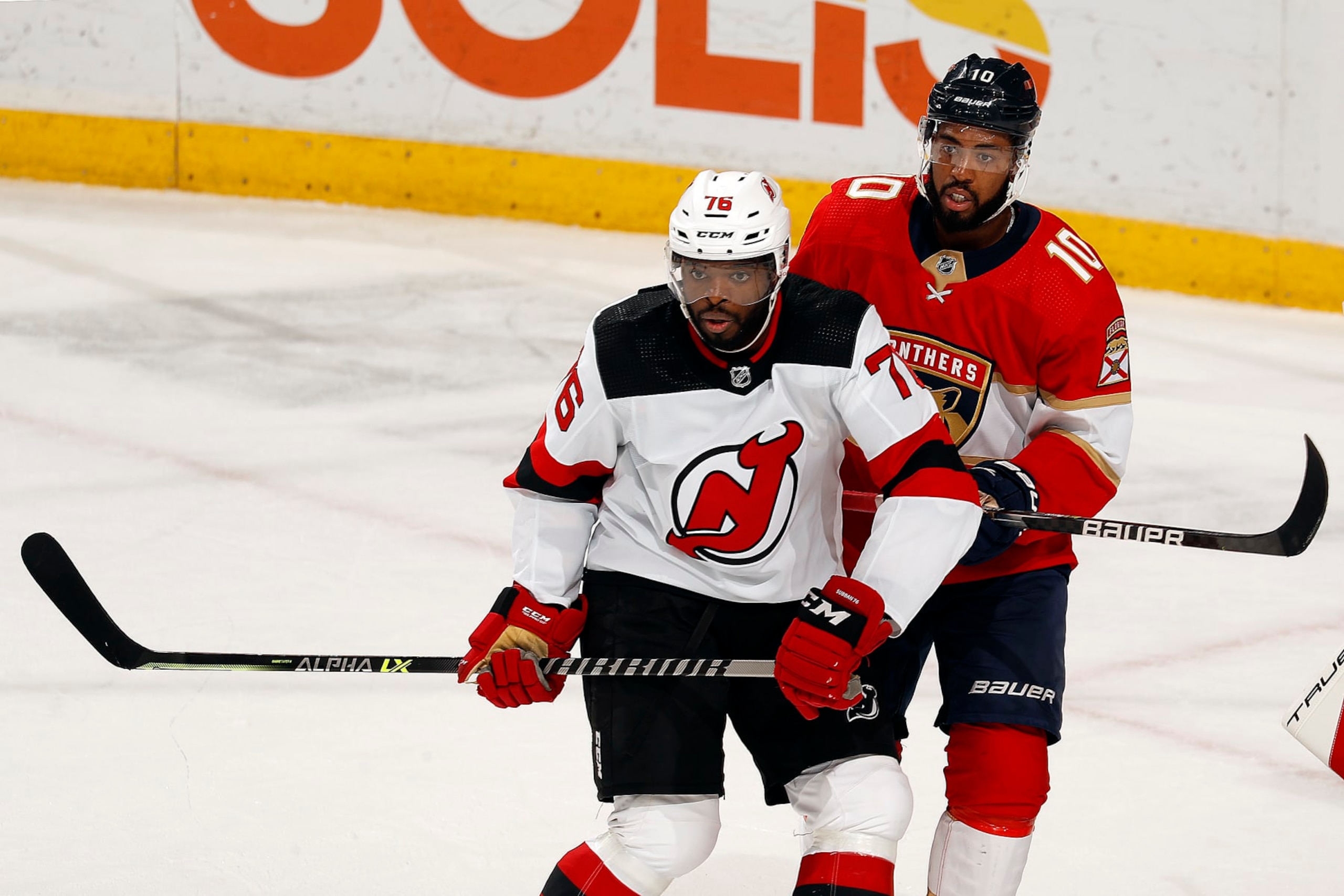 SUNRISE, FL - NOVEMBER 18: P.K. Subban #76 of the New Jersey Devils tangles with Anthony Duclair #10 of the Florida Panthers during second period action against the Florida Panthers at the FLA Live Arena on November 18, 2021 in Sunrise, Florida. (Photo by Eliot J. Schechter/NHLI via Getty Images)