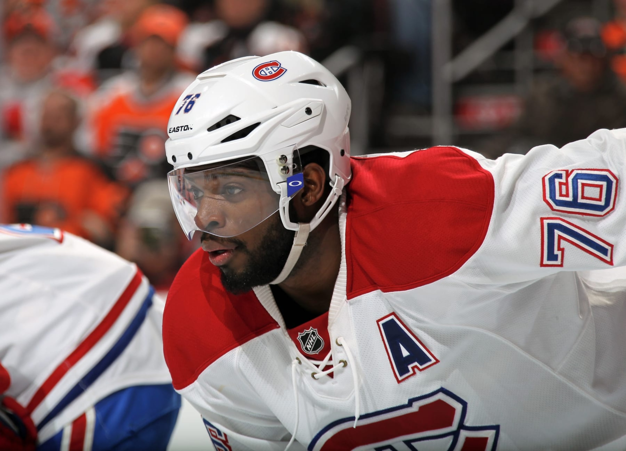 PHILADELPHIA, PA - JANUARY 05:  P.K. Subban #76 of the Montreal Canadiens looks on against the Philadelphia Flyers on January 5, 2016 at the Wells Fargo Center in Philadelphia, Pennsylvania.  (Photo by Len Redkoles/NHLI via Getty Images)