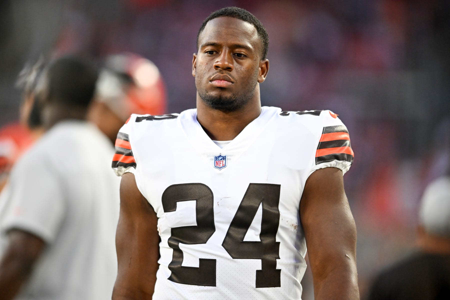 CLEVELAND, OH - AUGUST 27: Nick Chubb #24 of the Cleveland Browns looks on during the first half of a preseason game against the Chicago Bears at FirstEnergy Stadium on August 27, 2022 in Cleveland, Ohio. (Photo by Nick Cammett/Getty Images)