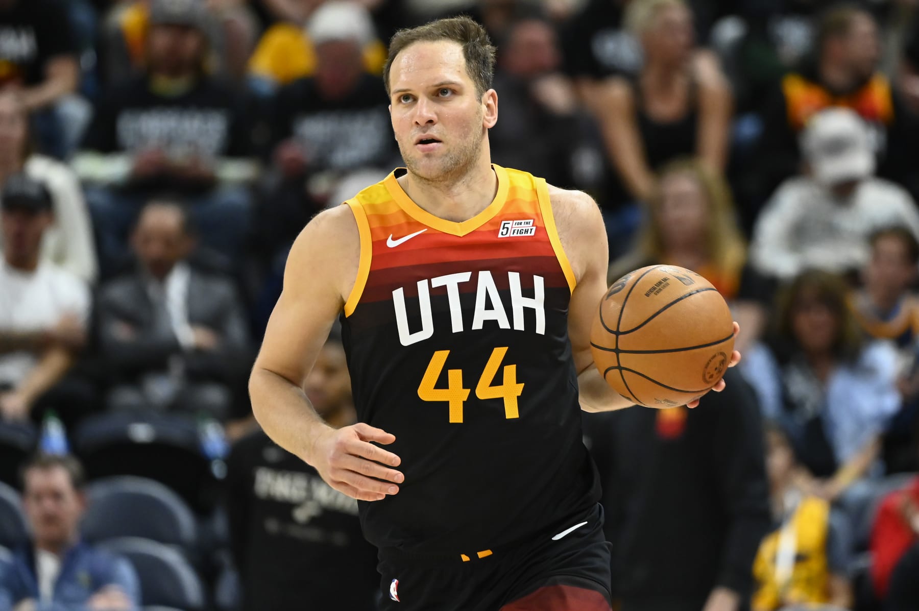 SALT LAKE CITY, UTAH - APRIL 28: Bojan Bogdanovic #44 of the Utah Jazz in action during the second half of Game 6 of the Western Conference First Round Playoffs against the Dallas Mavericks at Vivint Smart Home Arena on April 28, 2022 in Salt Lake City, Utah. NOTE TO USER: User expressly acknowledges and agrees that, by downloading and/or using this Photograph, user is consenting to the terms and conditions of the Getty Images License Agreement. (Photo by Alex Goodlett/Getty Images)