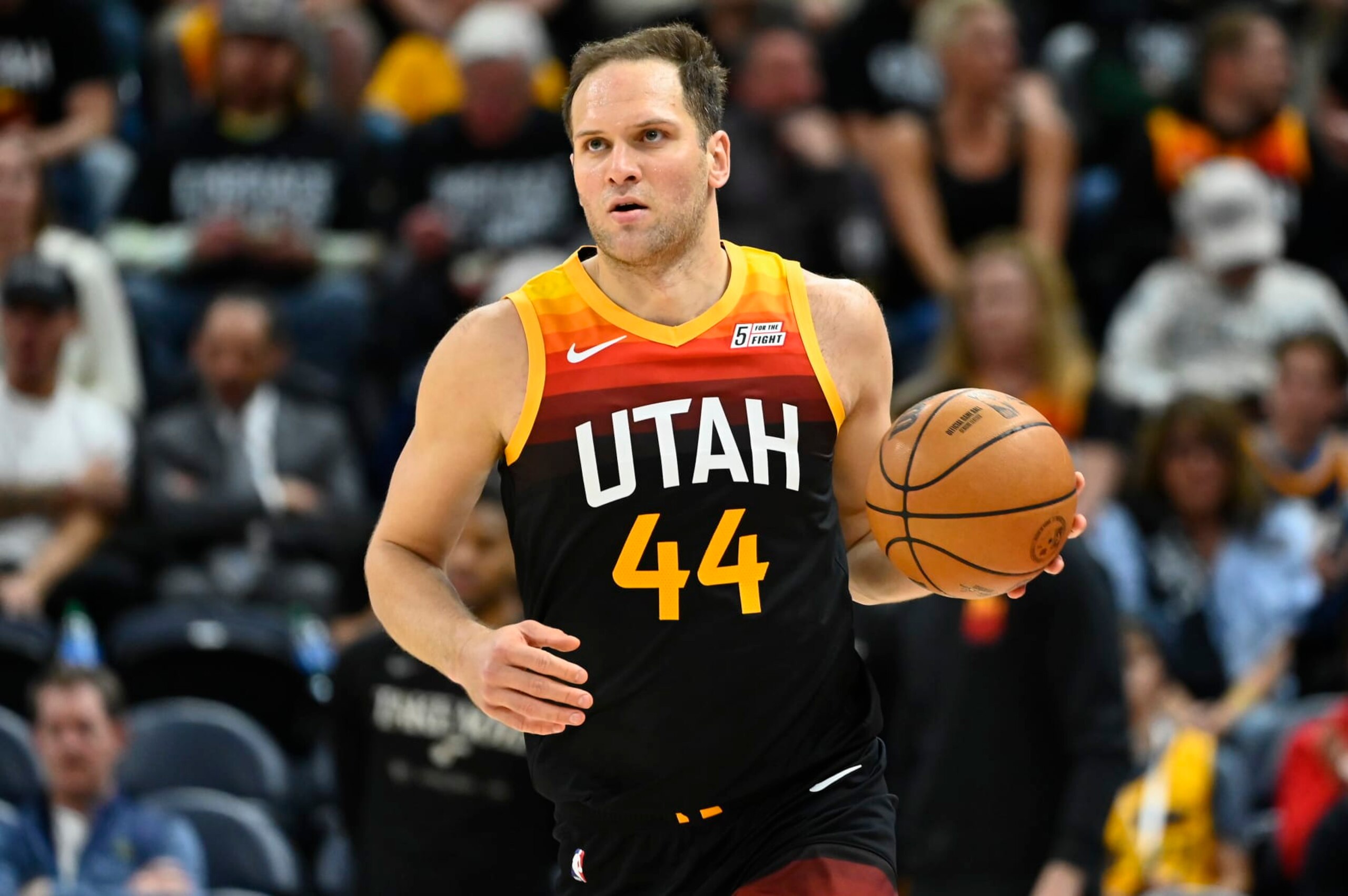 SALT LAKE CITY, UTAH - APRIL 28: Bojan Bogdanovic #44 of the Utah Jazz in action during the second half of Game 6 of the Western Conference First Round Playoffs against the Dallas Mavericks at Vivint Smart Home Arena on April 28, 2022 in Salt Lake City, Utah. NOTE TO USER: User expressly acknowledges and agrees that, by downloading and/or using this Photograph, user is consenting to the terms and conditions of the Getty Images License Agreement. (Photo by Alex Goodlett/Getty Images)