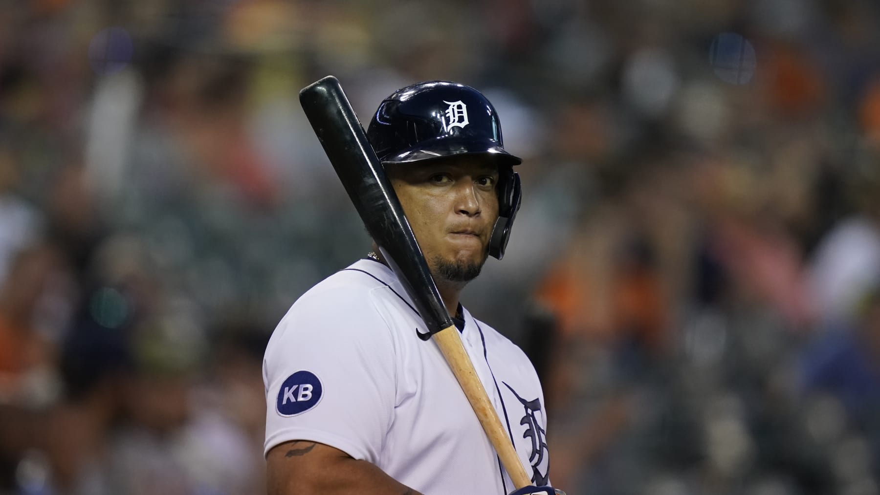 Detroit Tigers' Miguel Cabrera plays during a baseball game, Saturday, July 23, 2022, in Detroit. (AP Photo/Carlos Osorio)
