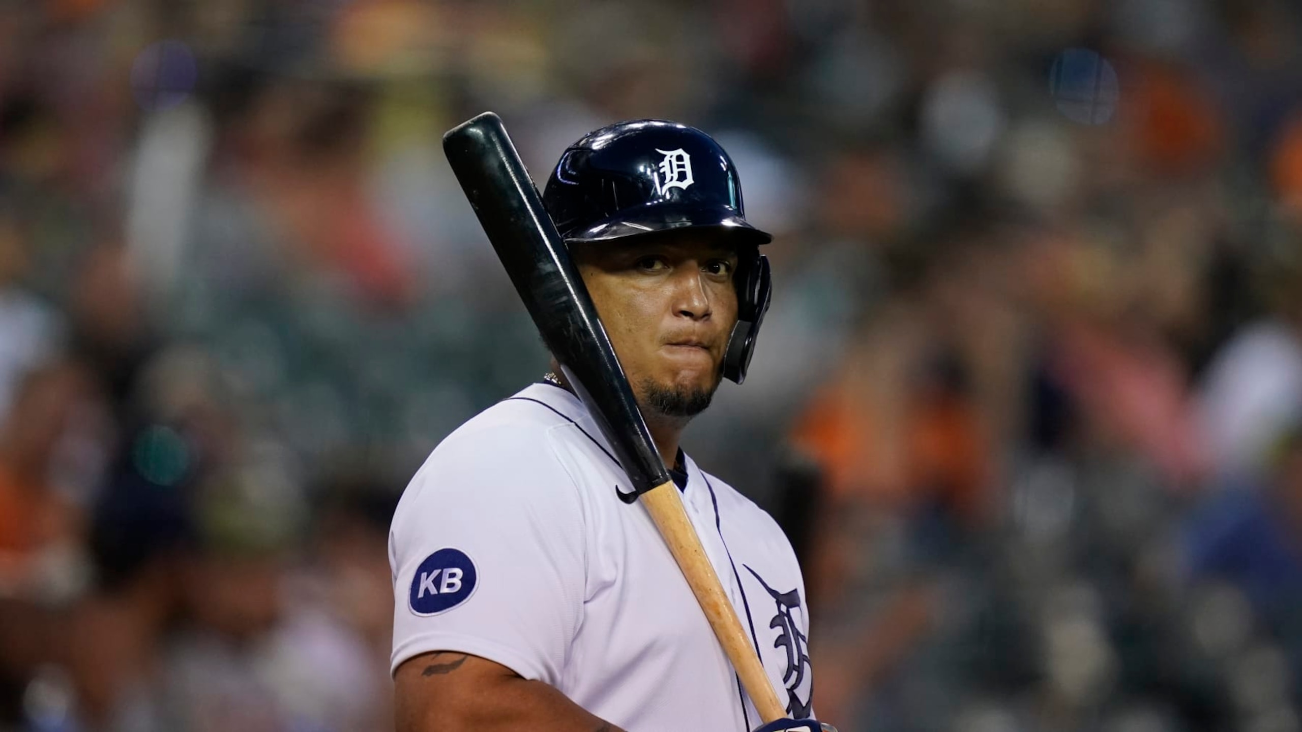 Detroit Tigers' Miguel Cabrera plays during a baseball game, Saturday, July 23, 2022, in Detroit. (AP Photo/Carlos Osorio)