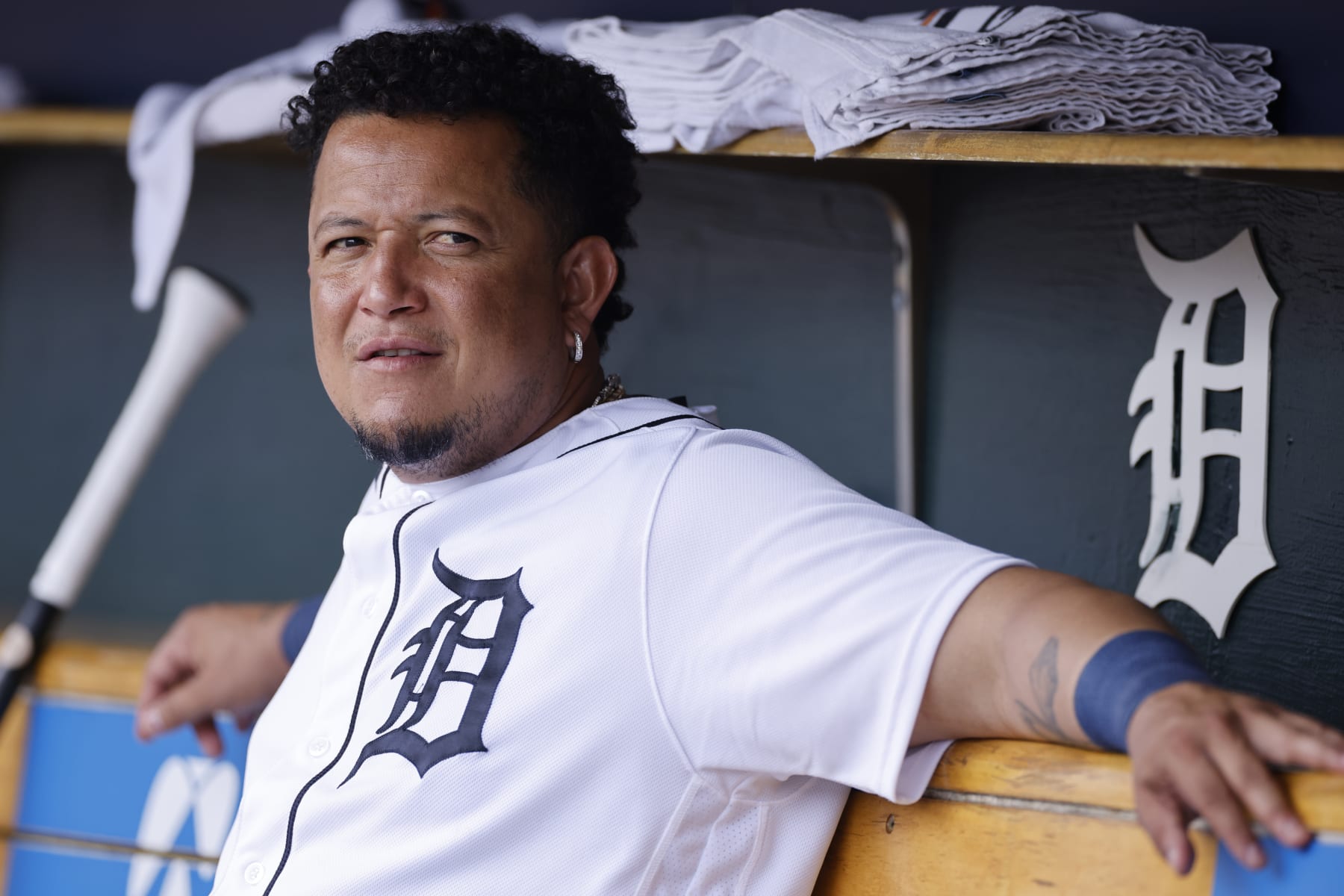 DETROIT, MI - JULY 27: Detroit Tigers designated hitter Miguel Cabrera (24) looks on during an MLB game against the San Diego Padres on July 27, 2022 at Comerica Park in Detroit, Michigan. (Photo by Joe Robbins/Icon Sportswire via Getty Images)
