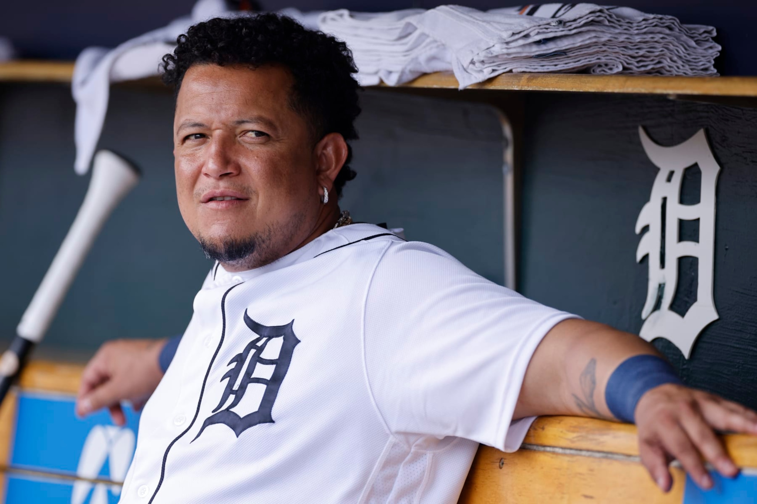 DETROIT, MI - JULY 27: Detroit Tigers designated hitter Miguel Cabrera (24) looks on during an MLB game against the San Diego Padres on July 27, 2022 at Comerica Park in Detroit, Michigan. (Photo by Joe Robbins/Icon Sportswire via Getty Images)