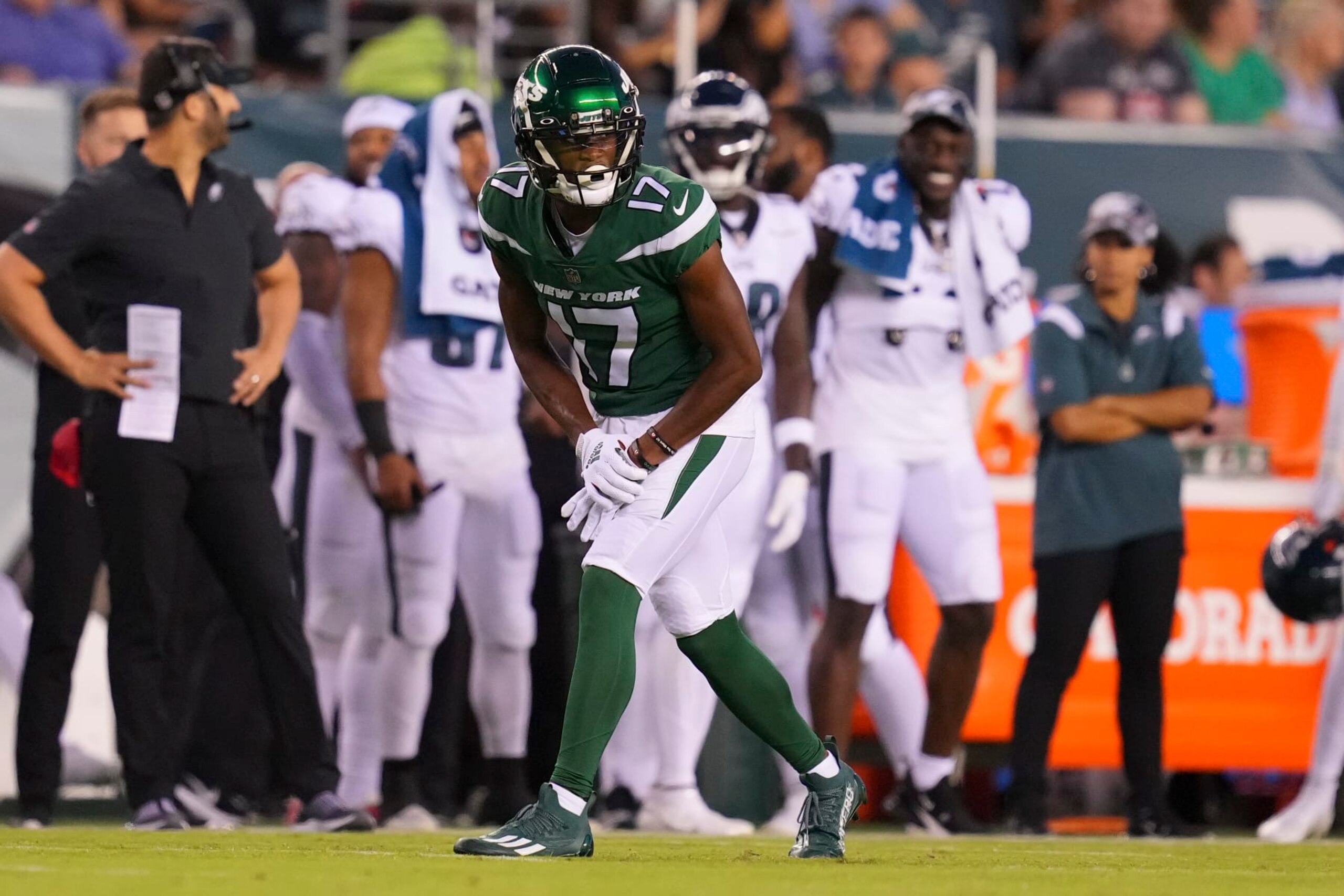 PHILADELPHIA, PA - AUGUST 12: Garrett Wilson #17 of the New York Jets looks on against the Philadelphia Eagles during the preseason game at Lincoln Financial Field on August 12, 2022 in Philadelphia, Pennsylvania. The Jets defeated the Eagles 24-21. (Photo by Mitchell Leff/Getty Images)