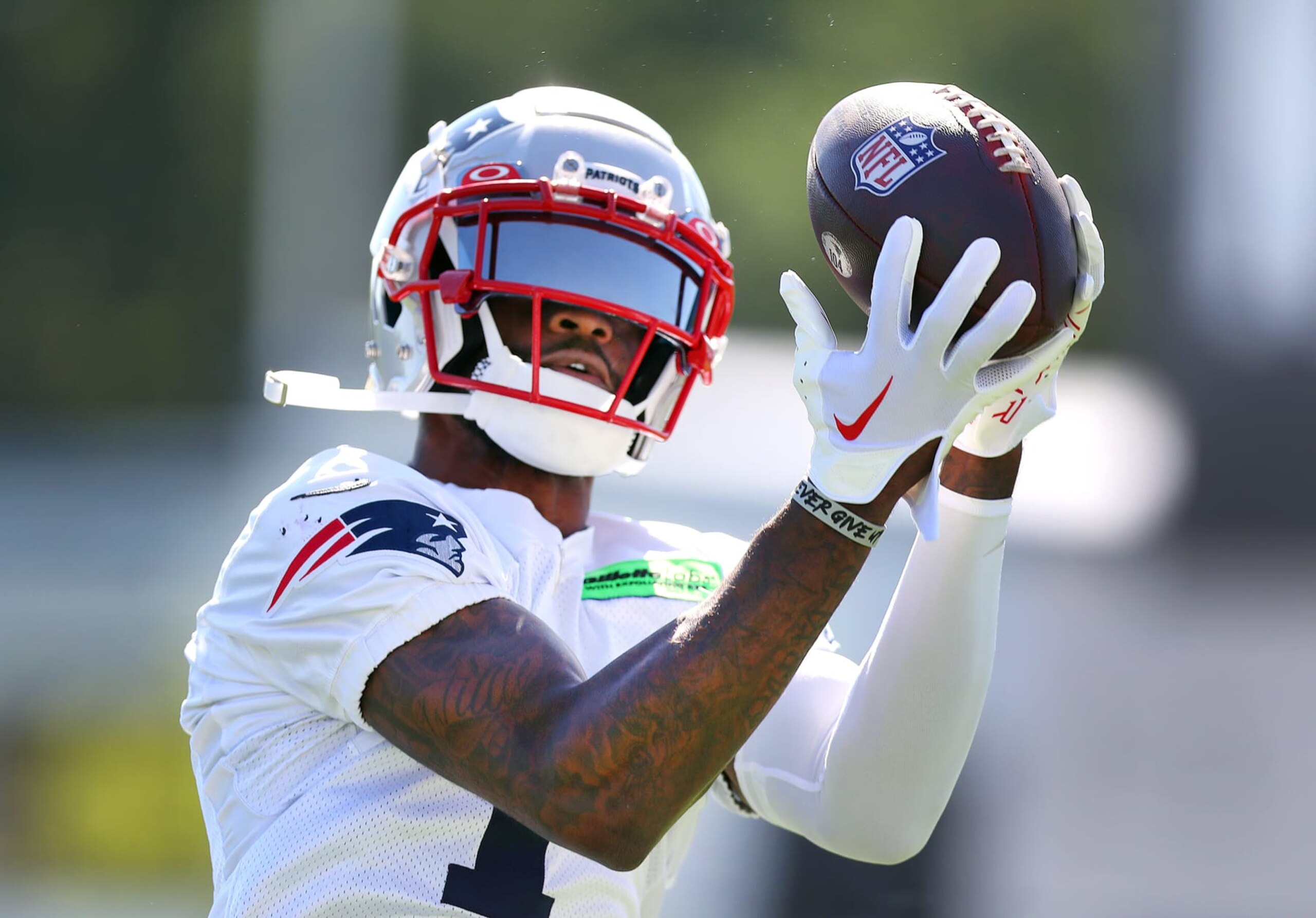 Foxborough, MA - July 27: Patriots DeVante Parker pulls in a pass during the New England Patriots first day of training camp on the practice fields behind Gillette Stadium. (Photo by John Tlumacki/The Boston Globe via Getty Images)