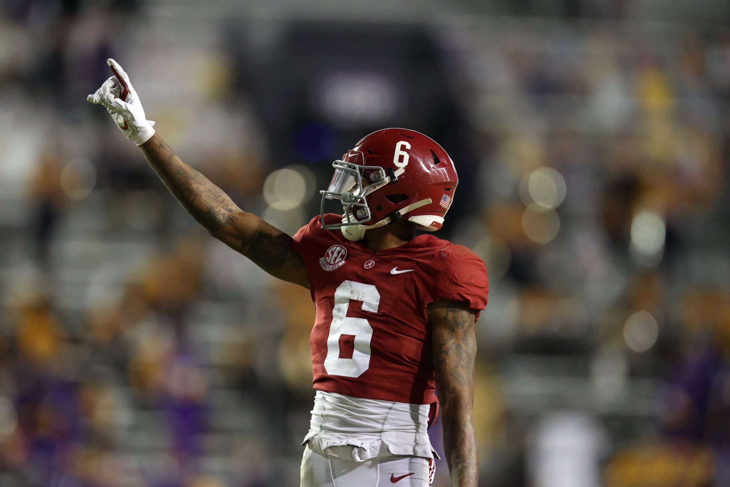 BATON ROUGE, LOUISIANA - DECEMBER 05:  DeVonta Smith #6 of the Alabama Crimson Tide reacts during the game against the LSU Tigers at Tiger Stadium on December 05, 2020 in Baton Rouge, Louisiana. (Photo by Chris Graythen/Getty Images)