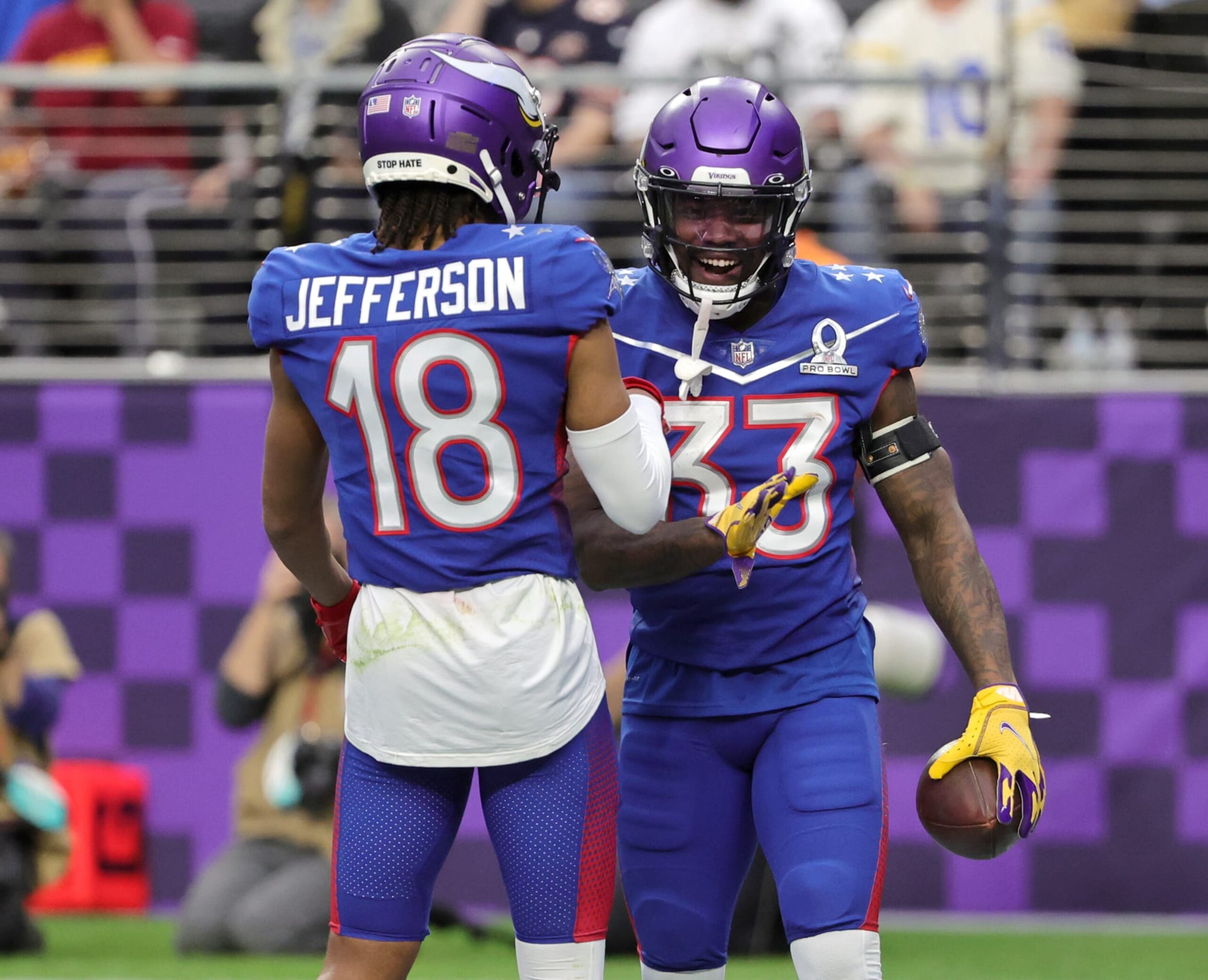 LAS VEGAS, NEVADA - FEBRUARY 06:  Dalvin Cook #33 and Justin Jefferson #18 of the Minnesota Vikings and NFC celebrate Cook's fourth-quarter touchdown against the AFC during the 2022 NFL Pro Bowl at Allegiant Stadium on February 06, 2022 in Las Vegas, Nevada. The AFC defeated the NFC 41-35.  (Photo by Ethan Miller/Getty Images)