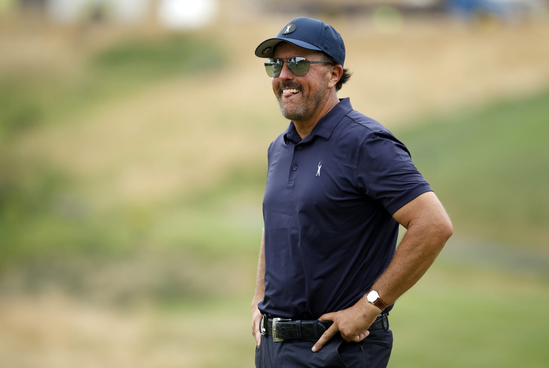 BEDMINSTER, NEW JERSEY - JULY 29: Team Captain Phil Mickelson of Hy Flyers GC reacts on the 12th hole during day one of the LIV Golf Invitational - Bedminster at Trump National Golf Club Bedminster on July 29, 2022 in Bedminster, New Jersey. (Photo by Jared C. Tilton/LIV via Getty Images)