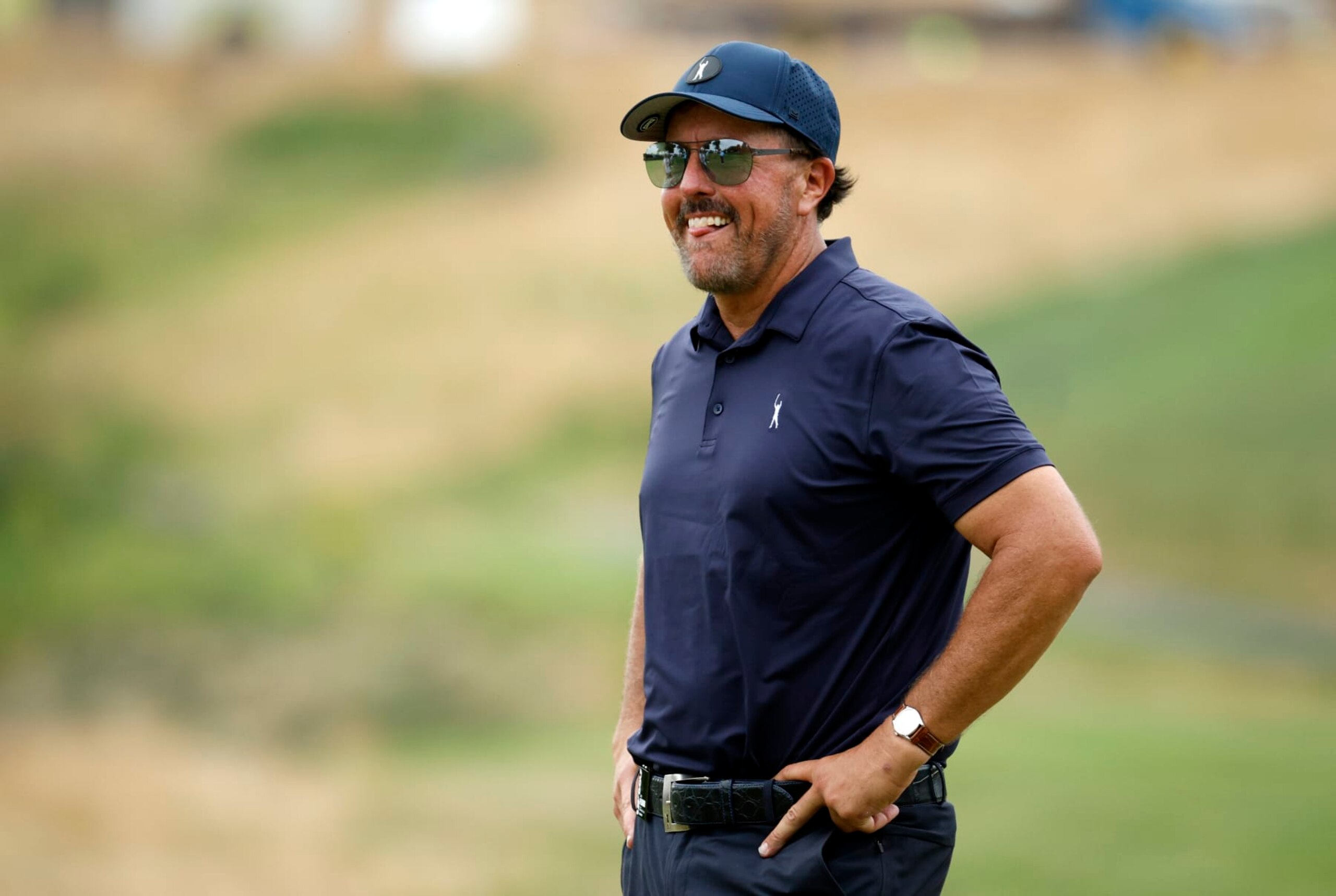 BEDMINSTER, NEW JERSEY - JULY 29: Team Captain Phil Mickelson of Hy Flyers GC reacts on the 12th hole during day one of the LIV Golf Invitational - Bedminster at Trump National Golf Club Bedminster on July 29, 2022 in Bedminster, New Jersey. (Photo by Jared C. Tilton/LIV via Getty Images)