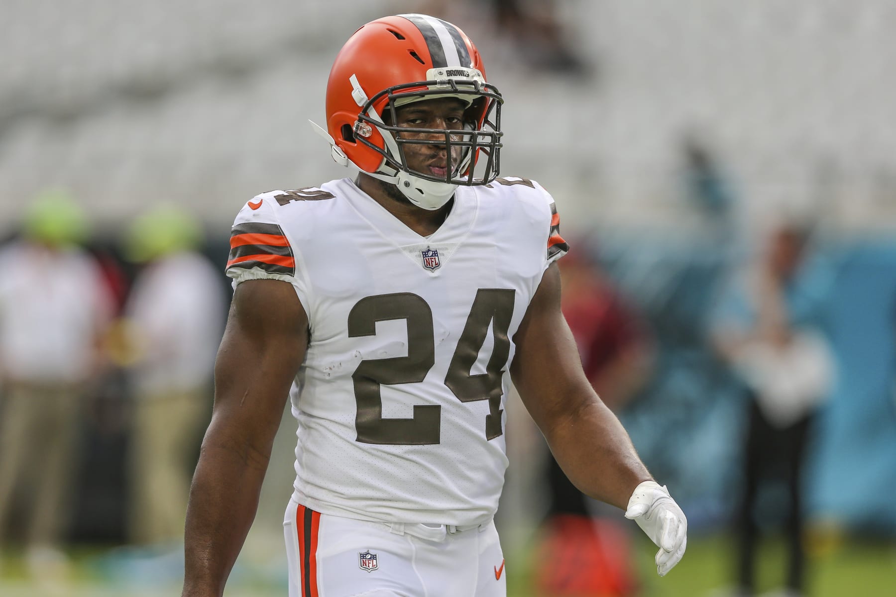 Cleveland Browns running back Nick Chubb (24) during warm-ups before the first half of an NFL preseason football game against the Jacksonville Jaguars, Friday, Aug. 12, 2022, in Jacksonville, Fla. (AP Photo/Gary McCullough)