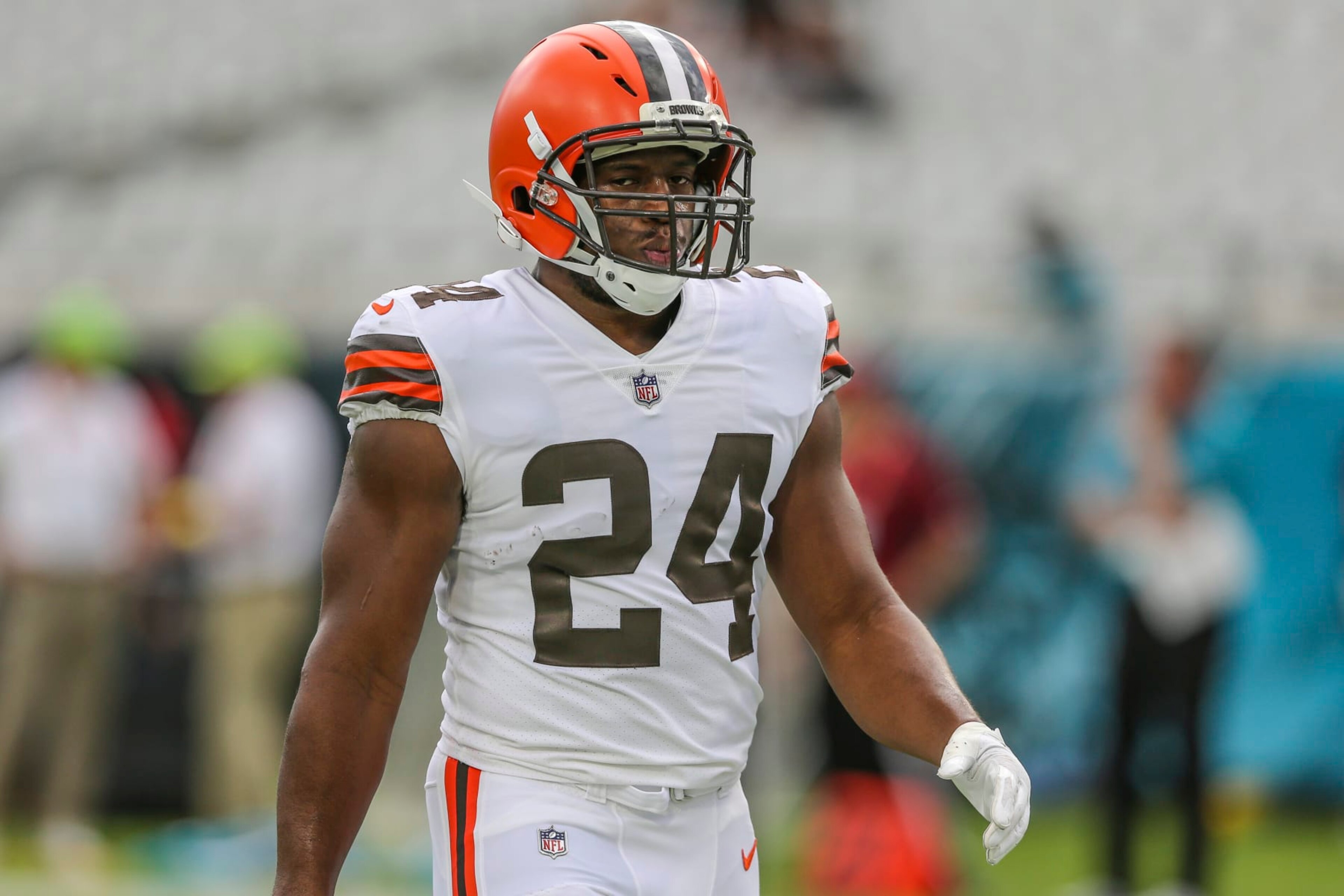 Cleveland Browns running back Nick Chubb (24) during warm-ups before the first half of an NFL preseason football game against the Jacksonville Jaguars, Friday, Aug. 12, 2022, in Jacksonville, Fla. (AP Photo/Gary McCullough)