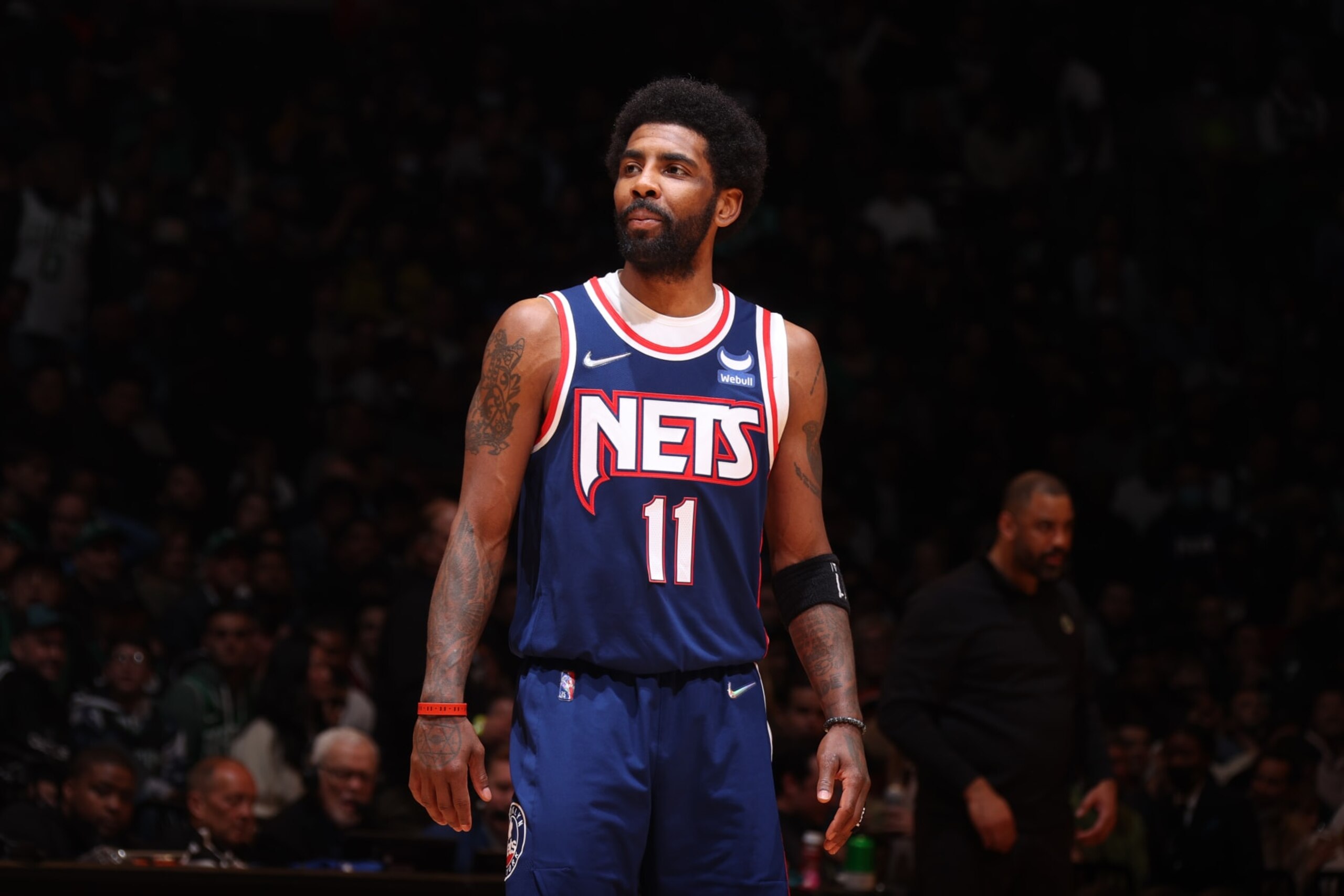 BROOKLYN, NY - APRIL 25: Kyrie Irving #11 of the Brooklyn Nets smiles during Round 1 Game 4 of the 2022 NBA Playoffs on April 25, 2022 at Barclays Center in Brooklyn, New York. NOTE TO USER: User expressly acknowledges and agrees that, by downloading and or using this Photograph, user is consenting to the terms and conditions of the Getty Images License Agreement. Mandatory Copyright Notice: Copyright 2022 NBAE (Photo by Nathaniel S. Butler/NBAE via Getty Images)