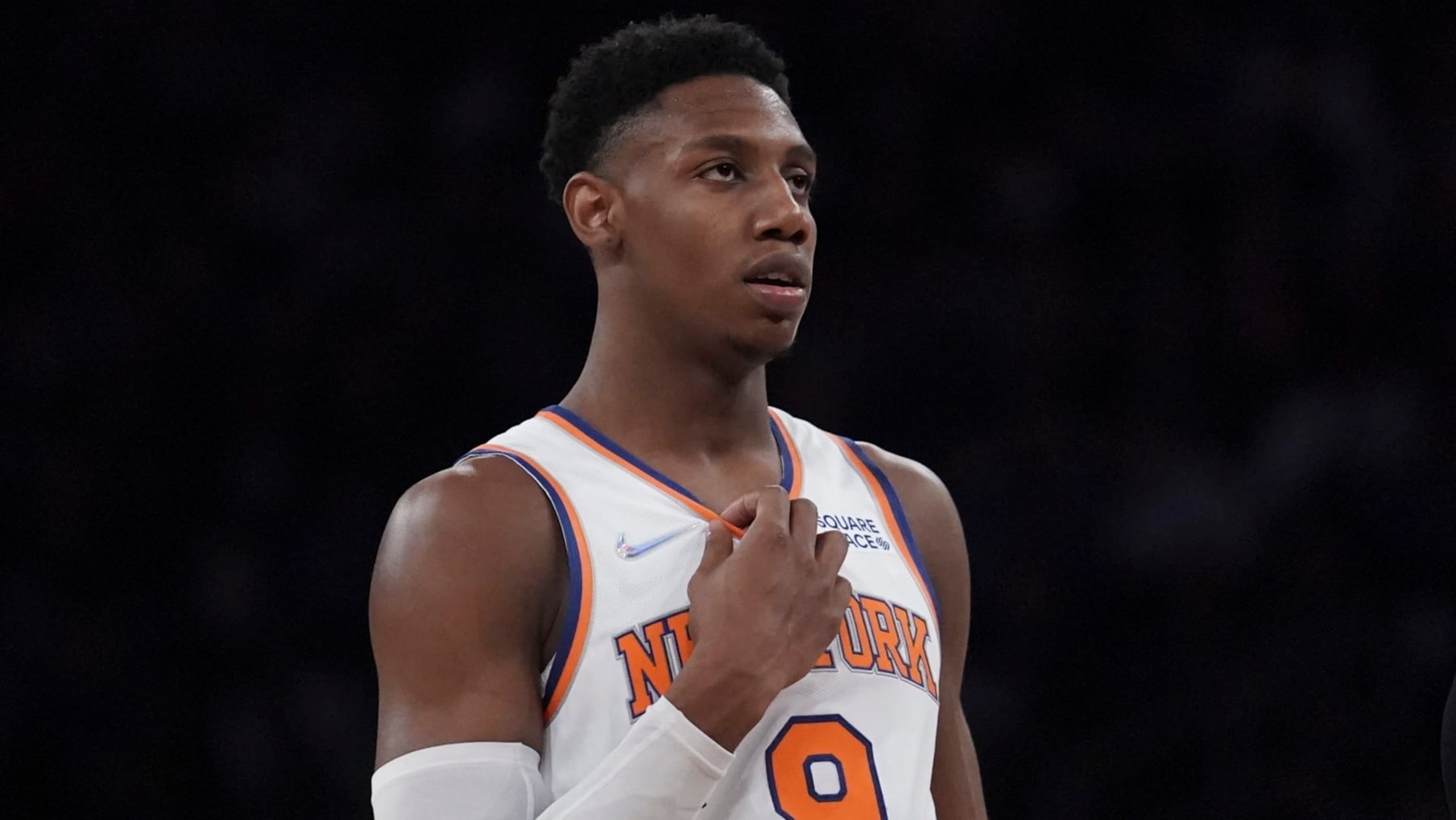 New York Knicks guard RJ Barrett (9) during NBA game against Cleveland Cavaliers, Saturday April 2, 2022, in New York. (AP Photo/Bebeto Matthews) New York Knicks guard RJ Barrett (9) during NBA game against Cleveland Cavaliers, Saturday April 2, 2022, in New York. (AP Photo/Bebeto Matthews)