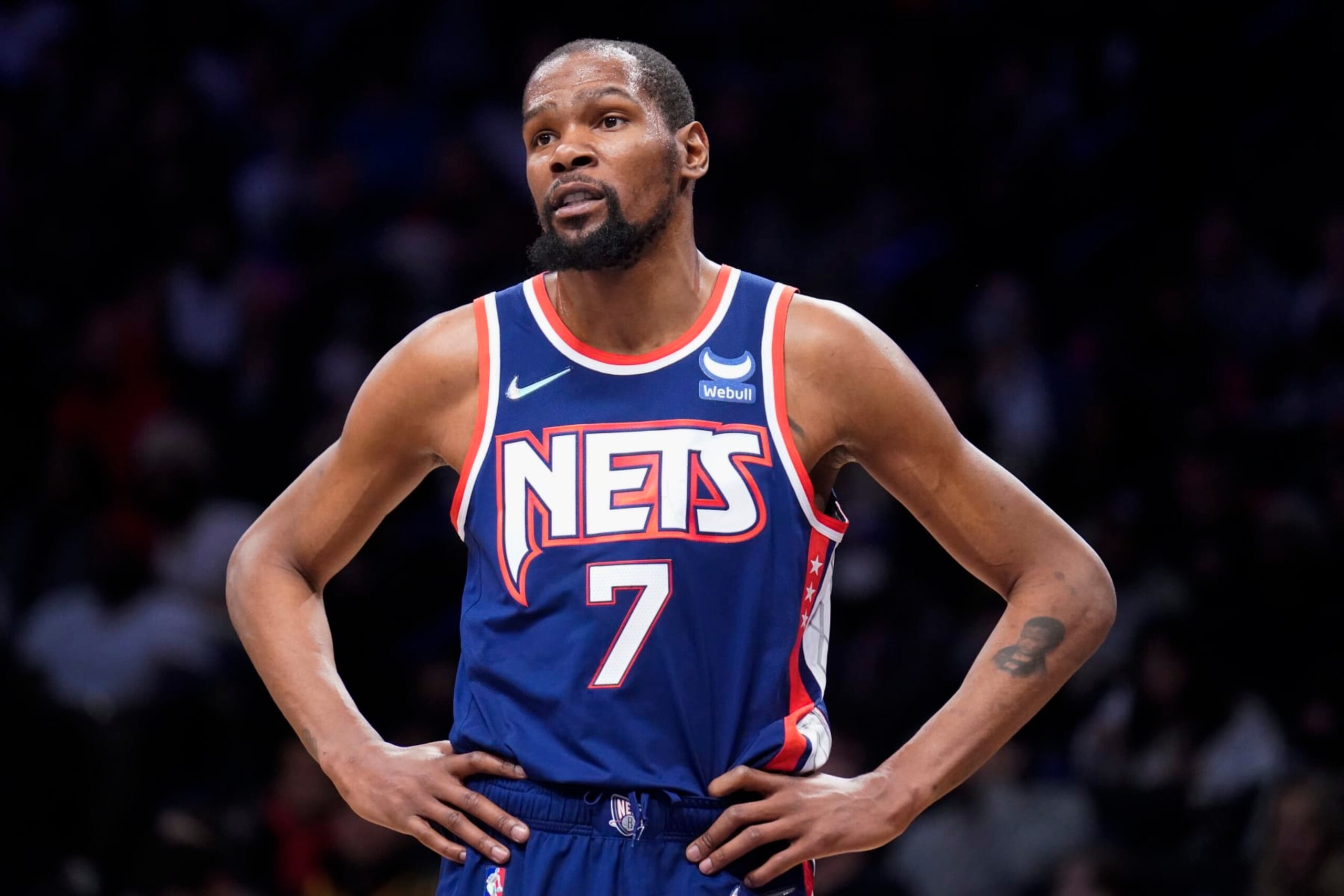 FILE - Brooklyn Nets forward Kevin Durant reacts to a referee's call during the first half of the team's NBA basketball game against the Miami Heat, Thursday, March 3, 2022, in New York. Kevin Durant has requested a trade from the Brooklyn Nets, according to a person with direct knowledge of the seismic decision that undoubtedly will have teams scrambling to put together enormous offers for the perennial All-Star.(AP Photo/John Minchillo, File)