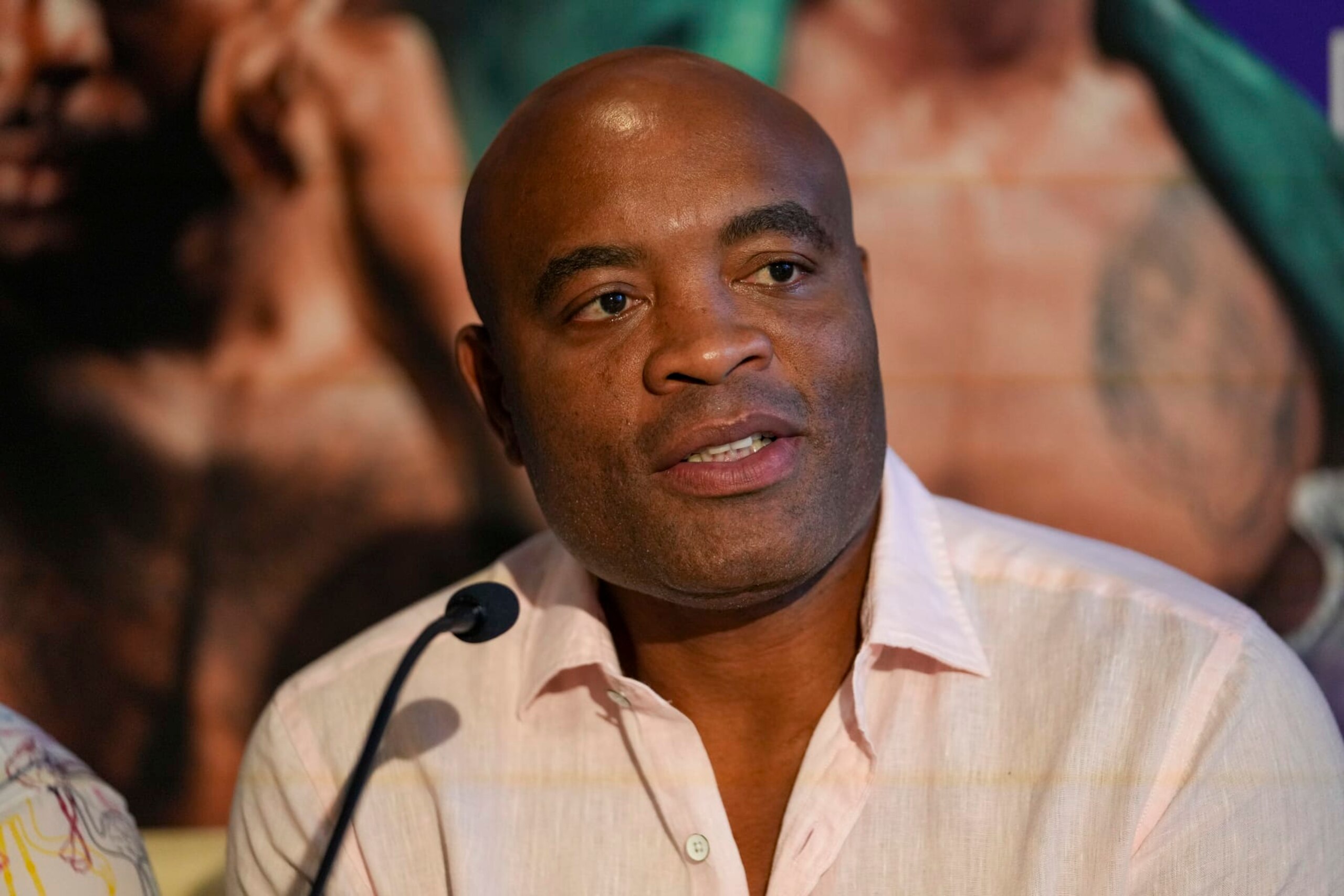 MIAMI, FLORIDA - APRIL 07: Anderson Silva answers questions from the media during a press conference at The Gabriel Miami Downtown on April 07, 2022 in Miami, Florida. Anderson Silva will fight against Bruno Machado at the Luxury Burj Al Arab Hotel in Dubai on May 14th. (Photo by Eric Espada/Getty Images)