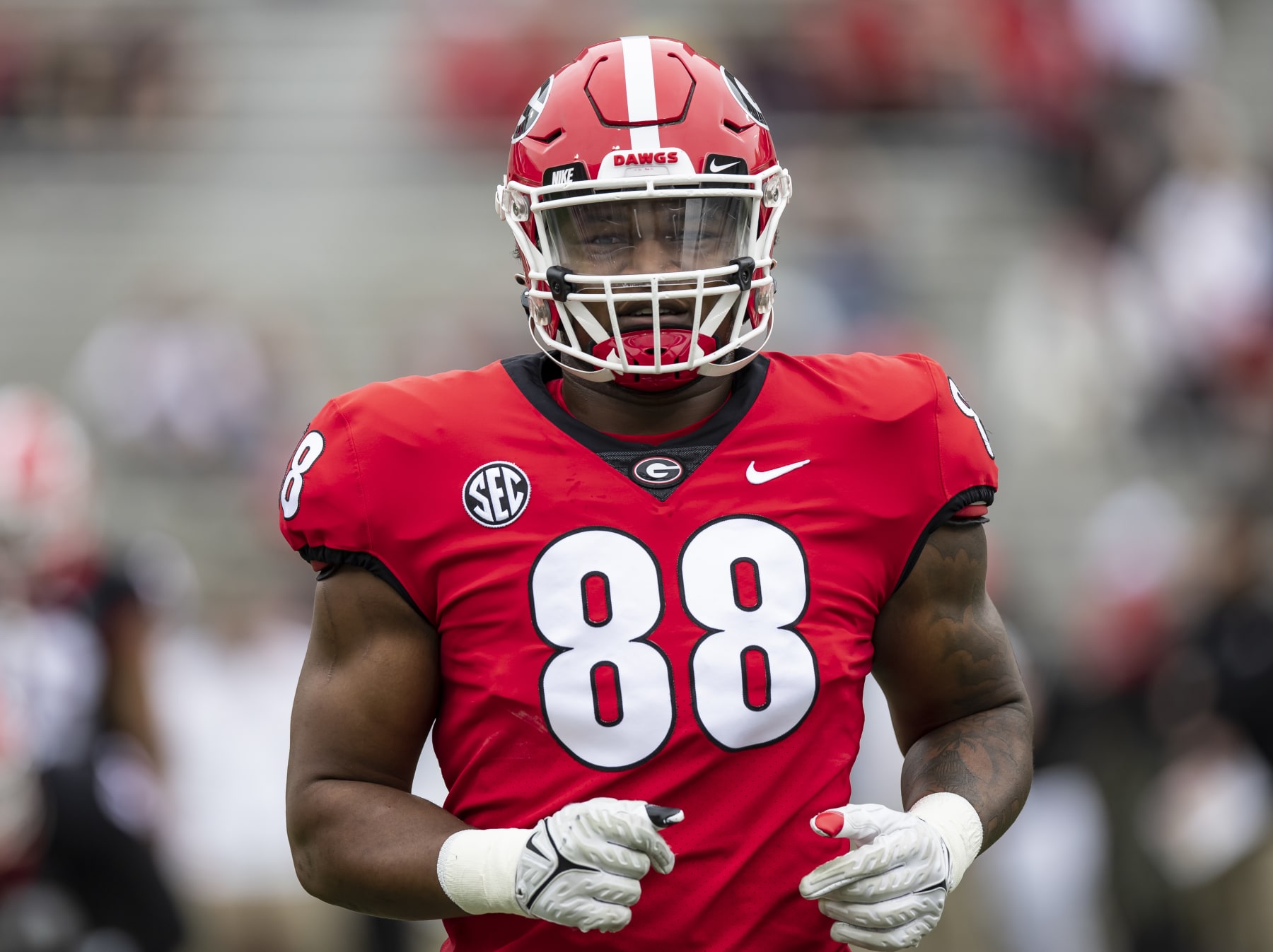 ATHENS, GA - APRIL 16: Jalen Carter #88 before the Georgia Bulldogs Spring game at Sanford Stadium on April 16, 2022 in Athens, Georgia. (Photo by Steve Limentani/ISI Photos/Getty Images)
